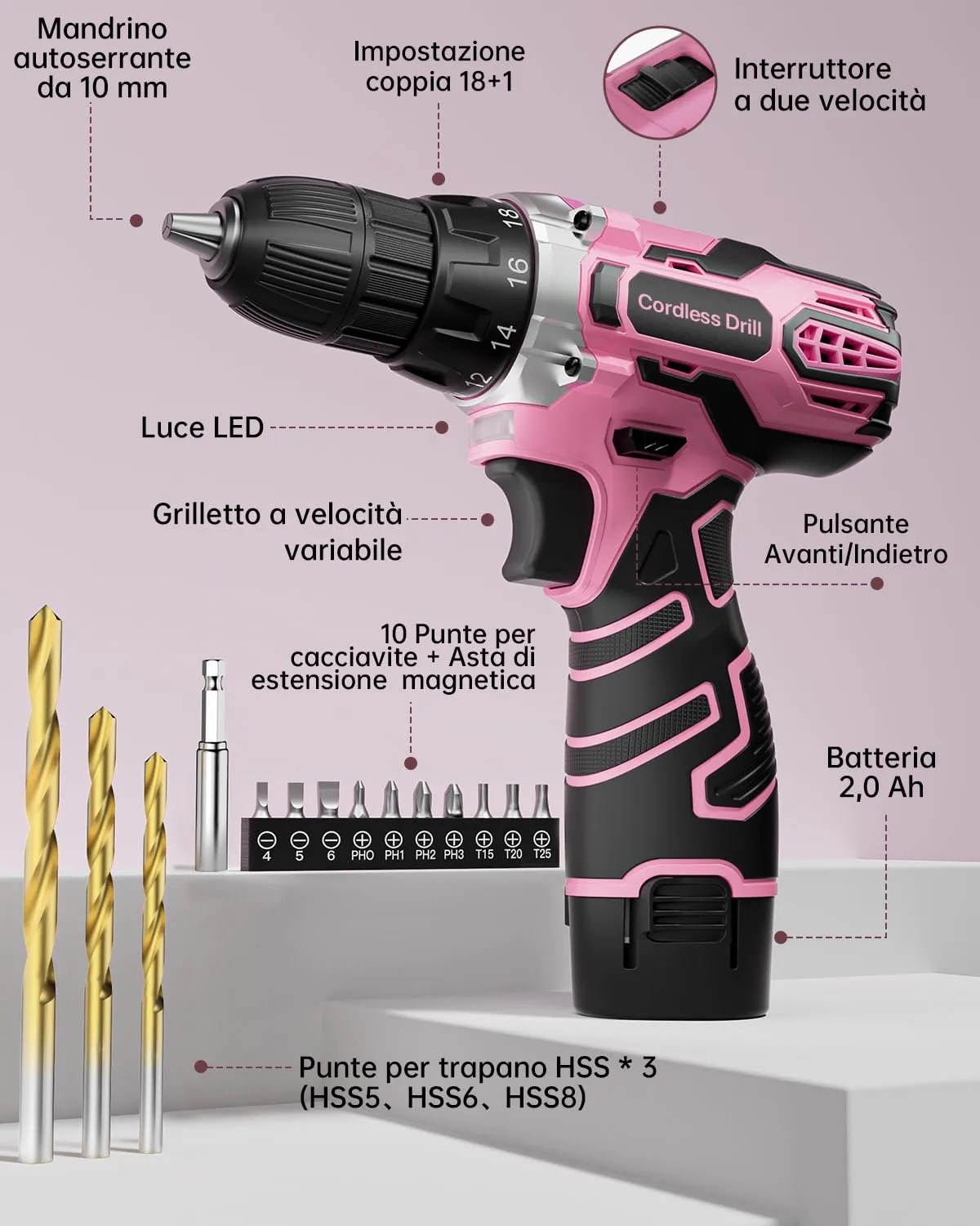 FAHEFANA Trapano Avvitatore a Batteria 12V, Rosa, 25Nm, 2.0Ah, 18+1 Impostazioni Coppia, Mandrino 10mm, 15 Accessori - immagine 4