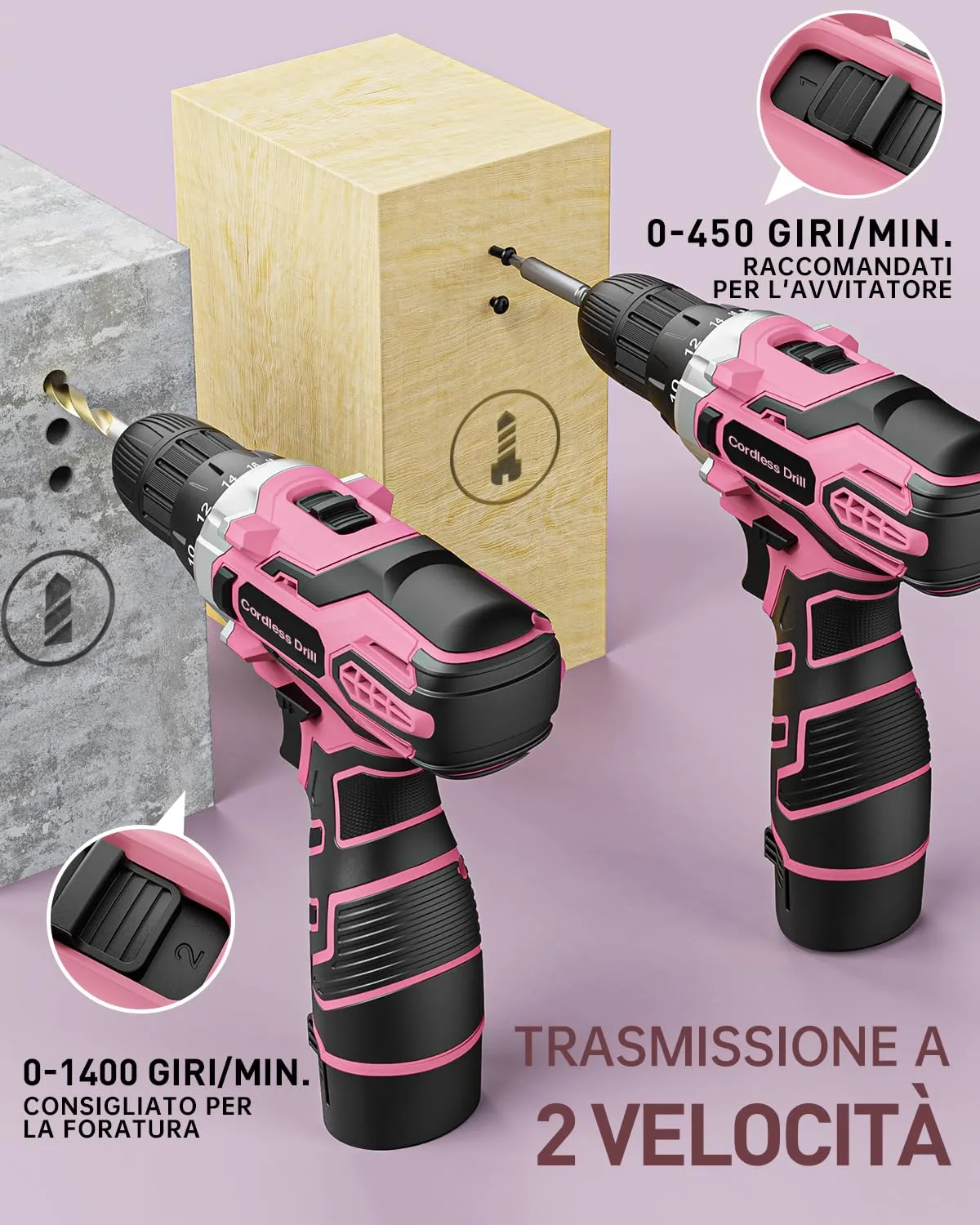 FAHEFANA Trapano Avvitatore a Batteria 12V, Rosa, 25Nm, 2.0Ah, 18+1 Impostazioni Coppia, Mandrino 10mm, 15 Accessori - immagine 6