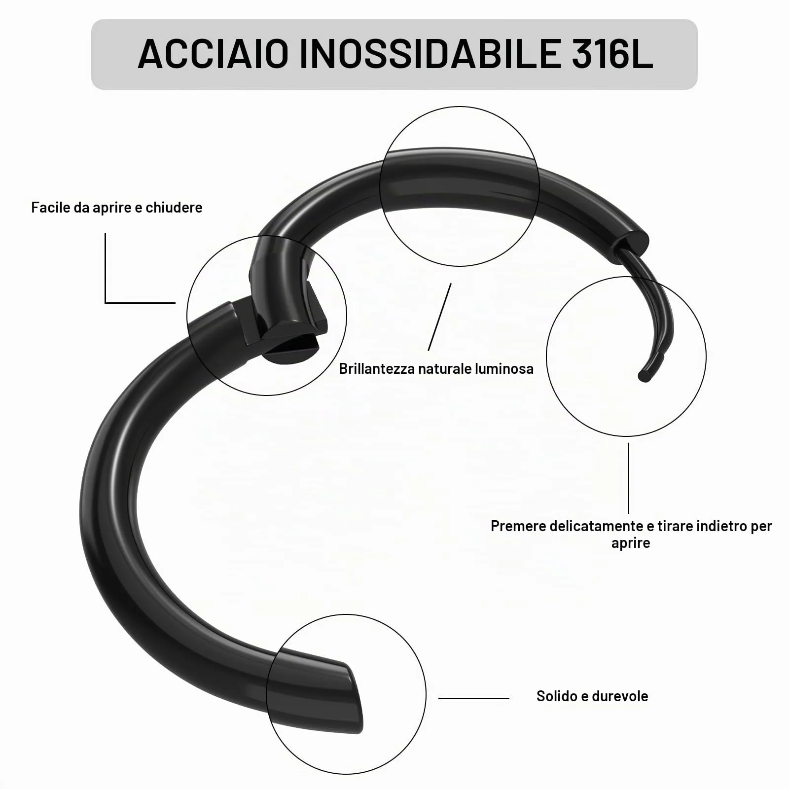 Bomtop Set di 6 Paia di Orecchini a Cerchio in Acciaio Inossidabile, 8-18 mm, Nero - immagine 3