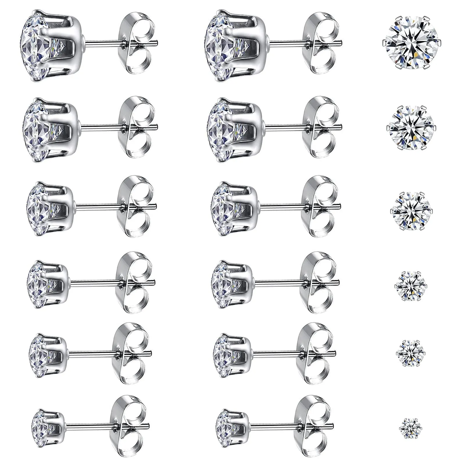 Leikedun Orecchini in Acciaio Inossidabile con Zirconia Cubica, 6 Paia (3mm, 4mm, 5mm, 6mm, 7mm, 8mm) - immagine 1