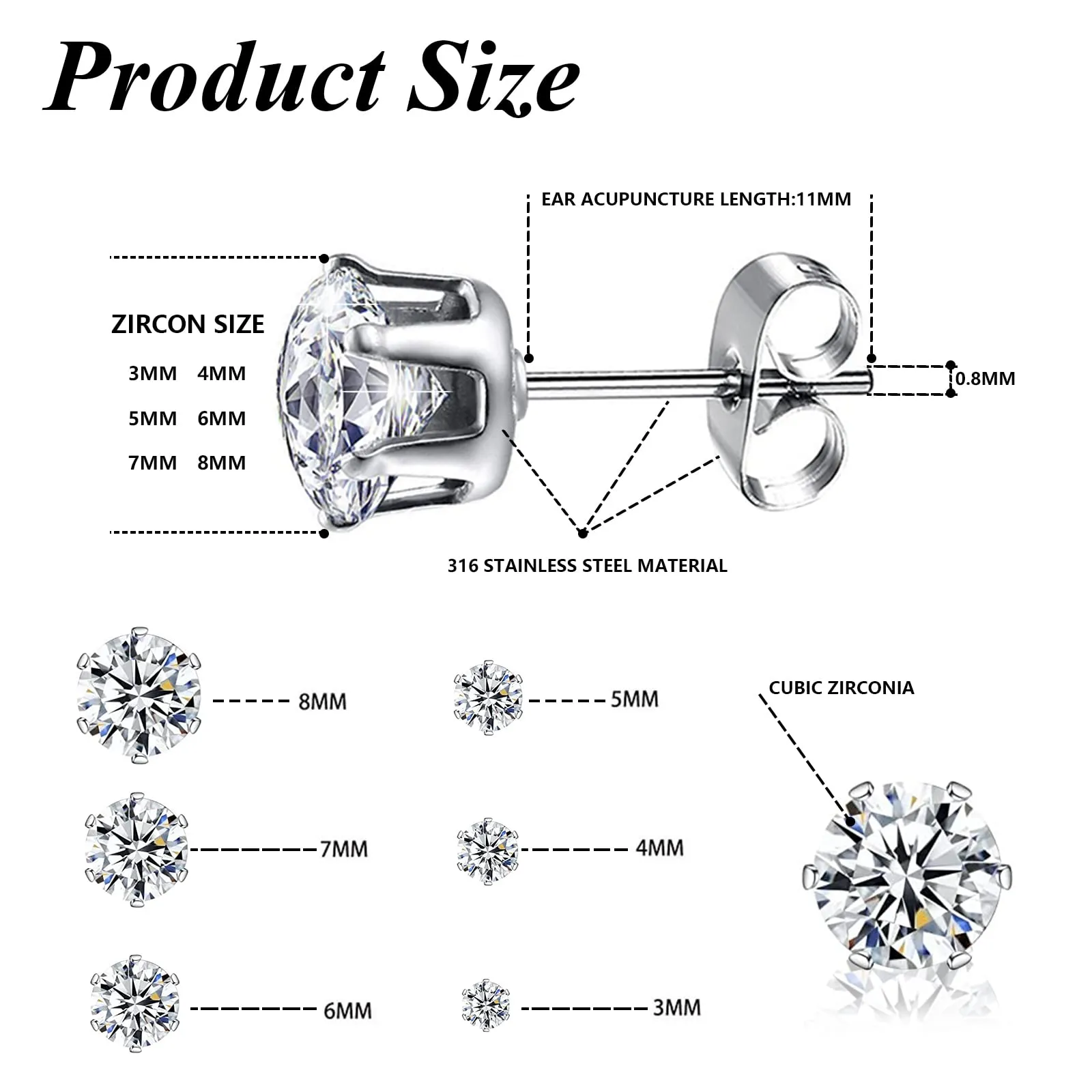 Leikedun Orecchini in Acciaio Inossidabile con Zirconia Cubica, 6 Paia (3mm, 4mm, 5mm, 6mm, 7mm, 8mm) - immagine 2