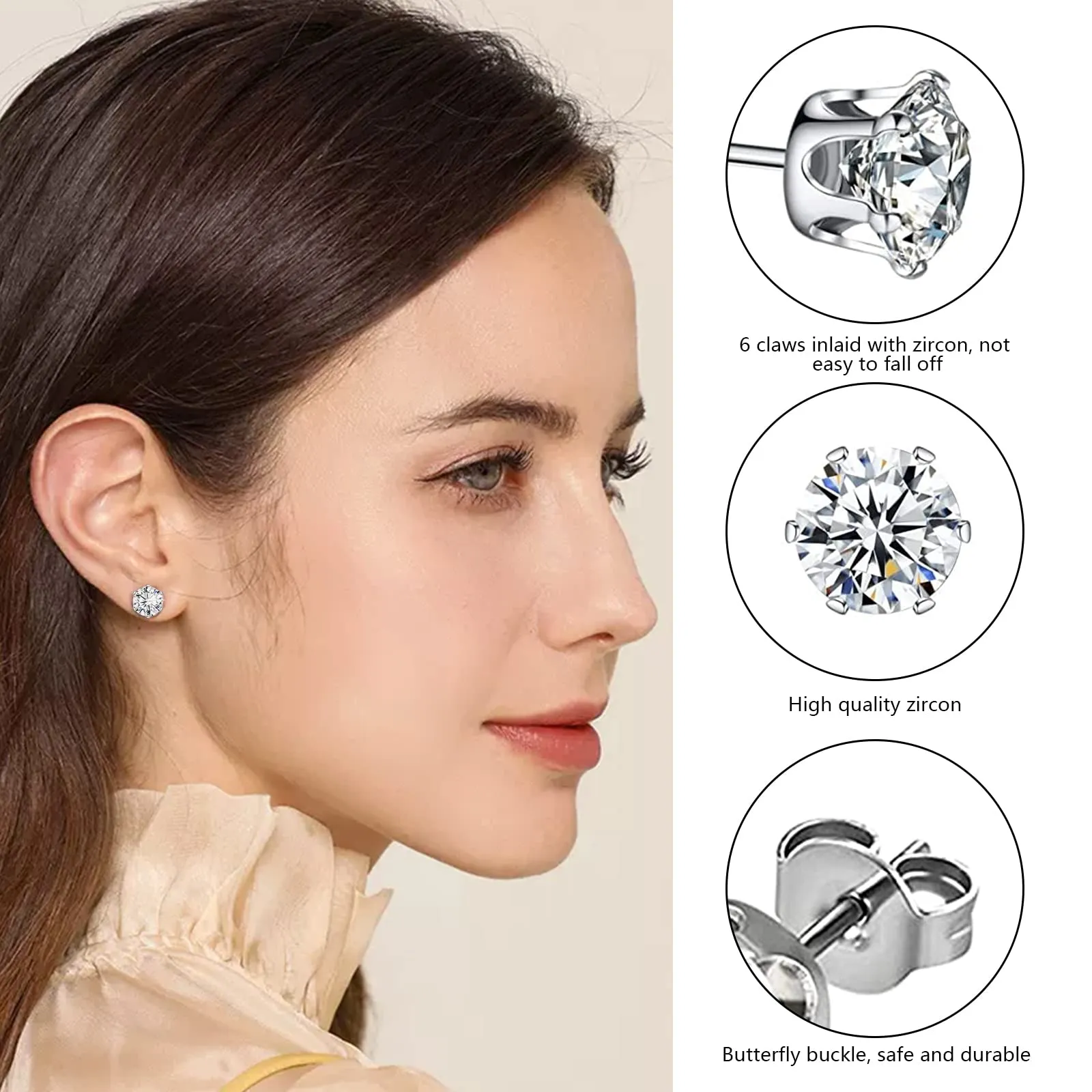 Leikedun Orecchini in Acciaio Inossidabile con Zirconia Cubica, 6 Paia (3mm, 4mm, 5mm, 6mm, 7mm, 8mm) - immagine 3