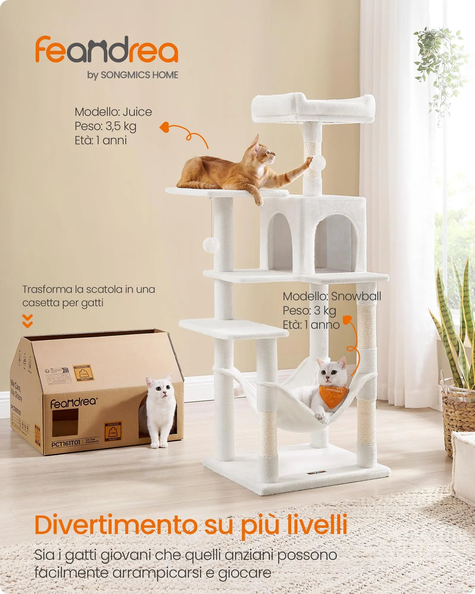 Feandrea Albero per Gatti 143 cm con Tiragraffi, Grotta e Amaca, Bianco Crema PCT161T01V1 - immagine 3
