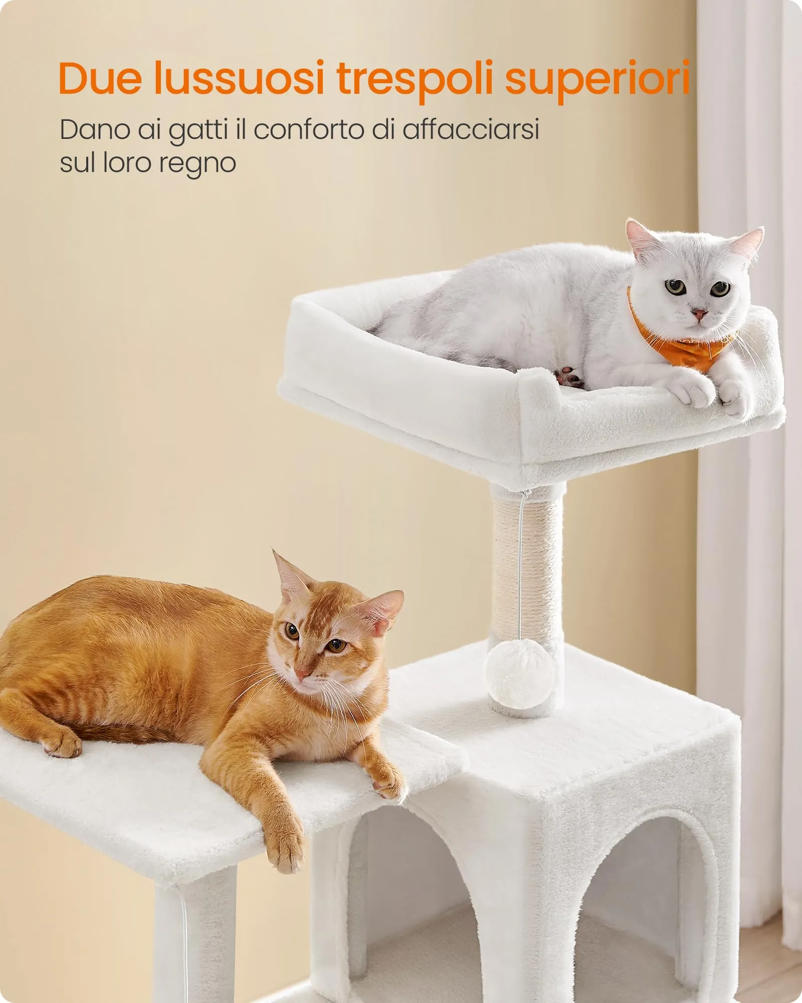 Feandrea Albero per Gatti 143 cm con Tiragraffi, Grotta e Amaca, Bianco Crema PCT161T01V1 - immagine 4