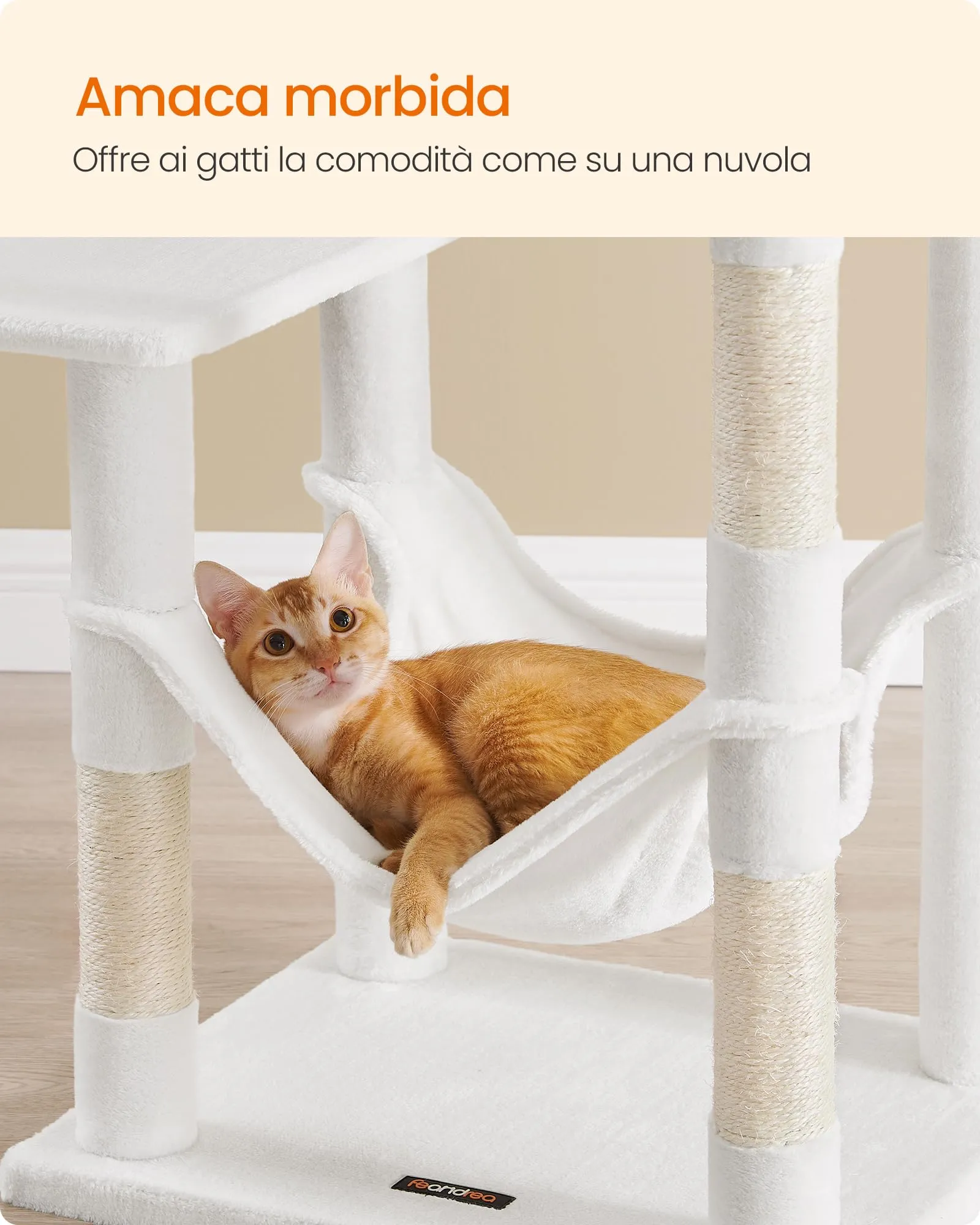 Feandrea Albero per Gatti 143 cm con Tiragraffi, Grotta e Amaca, Bianco Crema PCT161T01V1 - immagine 5