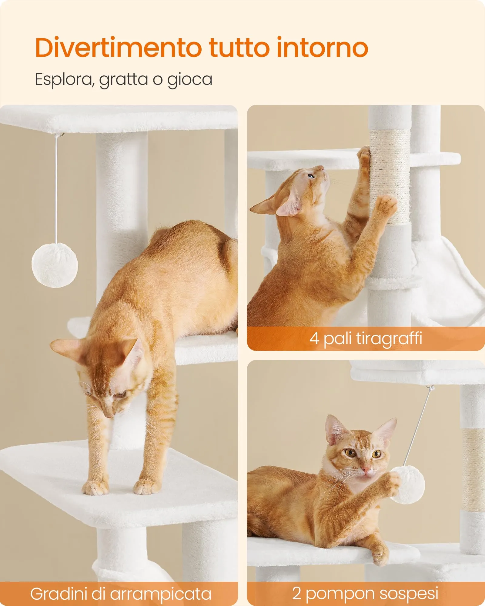 Feandrea Albero per Gatti 143 cm con Tiragraffi, Grotta e Amaca, Bianco Crema PCT161T01V1 - immagine 6