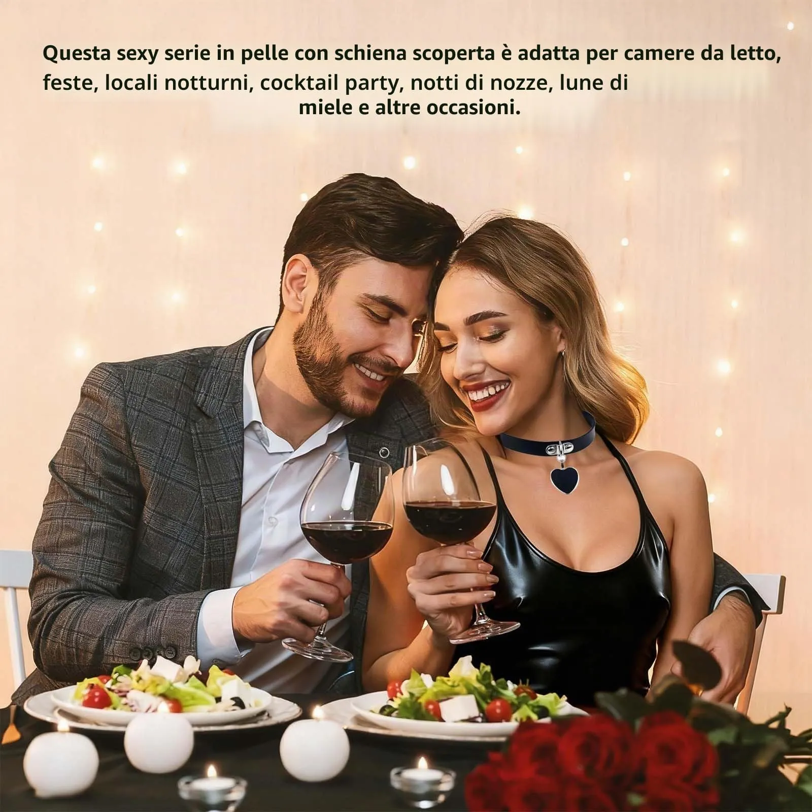 Eowppue Mini Abito Pelle Lucida Nero con Collare a Cuore, Scollo Profondo e Schiena Scoperta, Taglia Unica - immagine 5