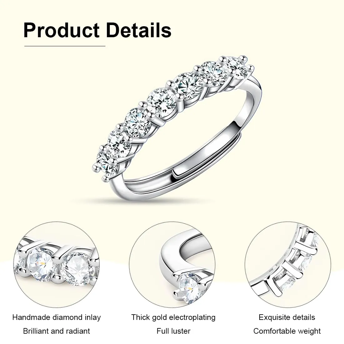 IUDWCG Anello da Donna in Oro Bianco con Sette Diamanti, Aperto Regolabile in Rame Antiallergico, Argento - immagine 3