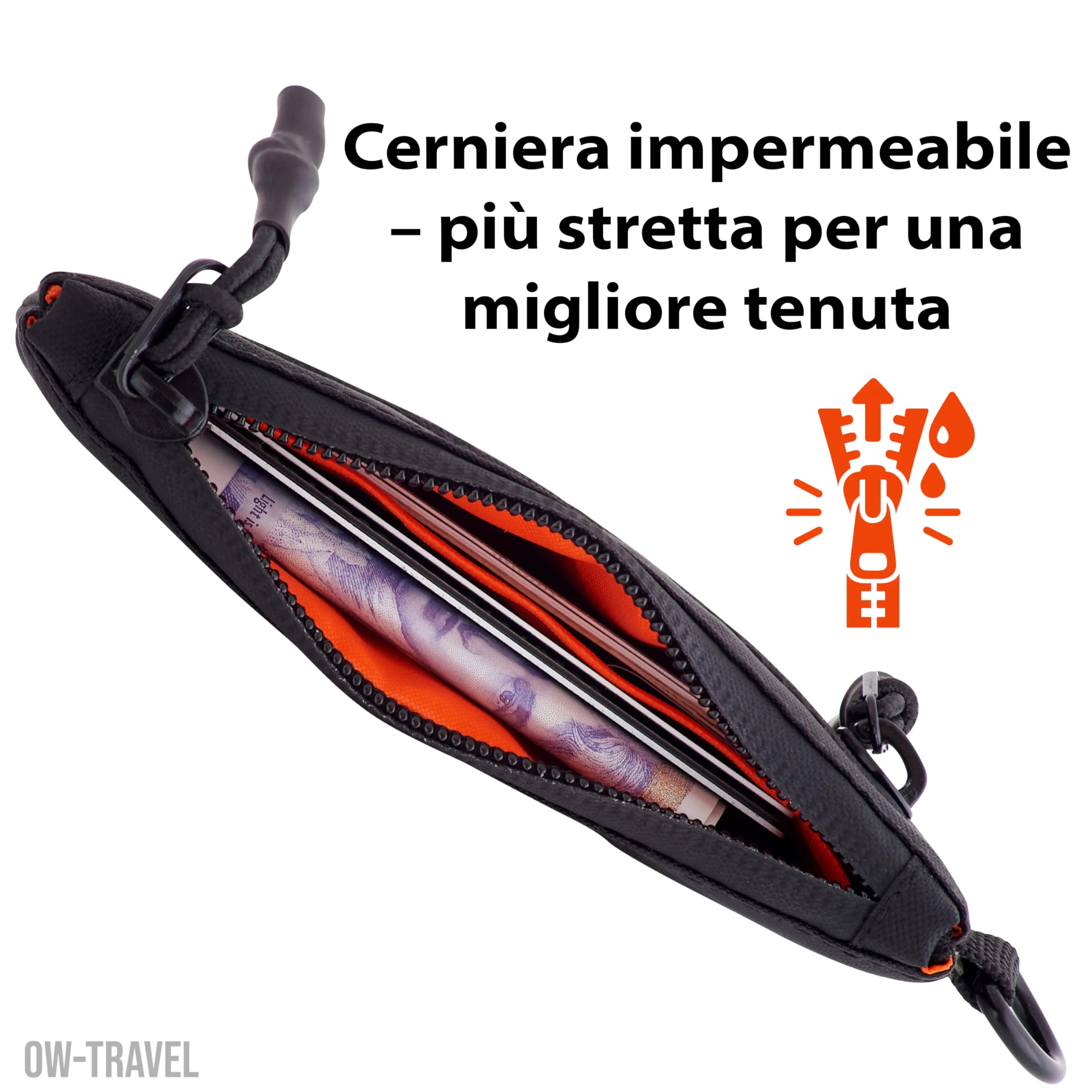 OW-Travel Portafoglio Uomo con Portamonete e Protezione RFID, Nero, Zip Pouch 13cm - immagine 5