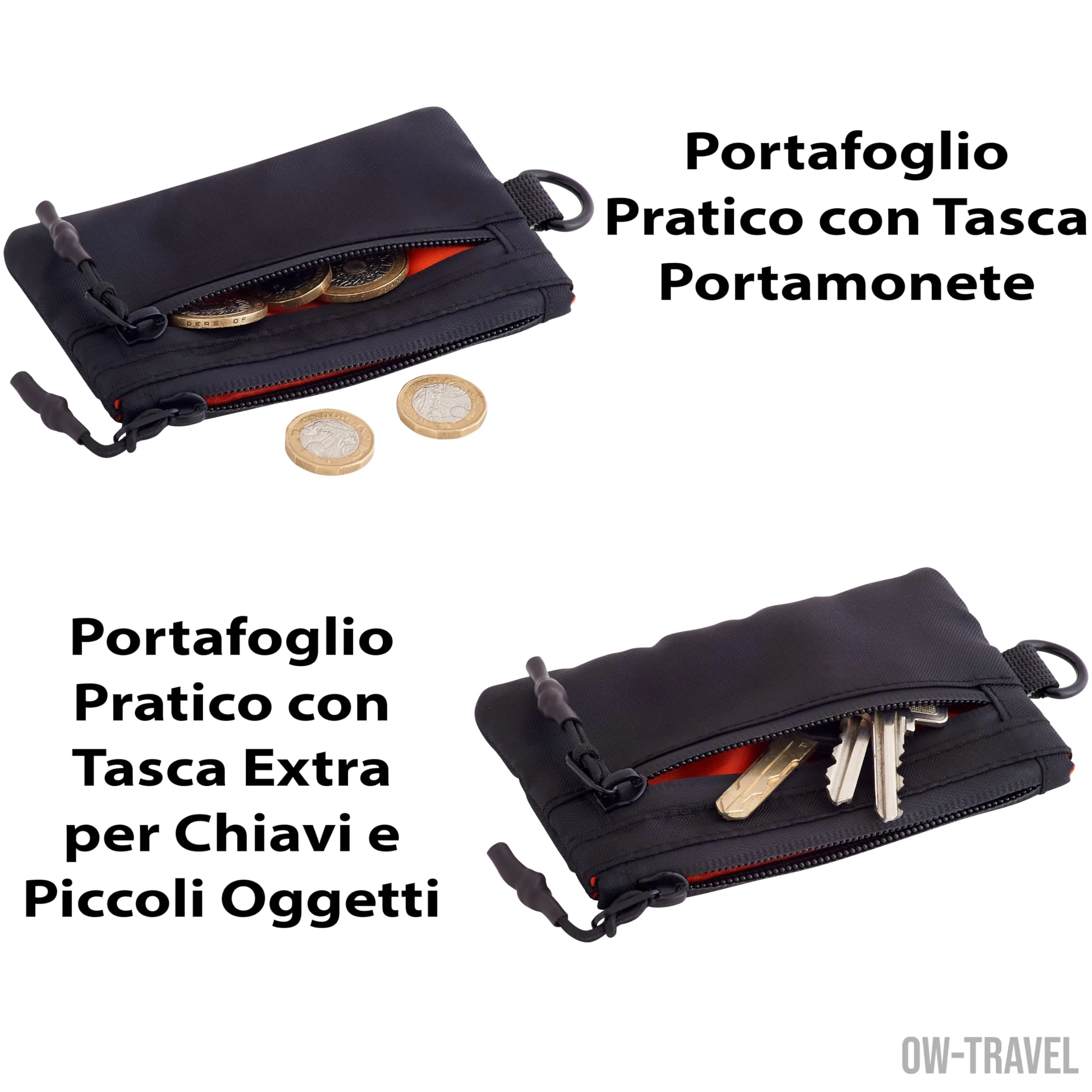 OW-Travel Portafoglio Uomo con Portamonete e Protezione RFID, Nero, Zip Pouch 13cm - immagine 9