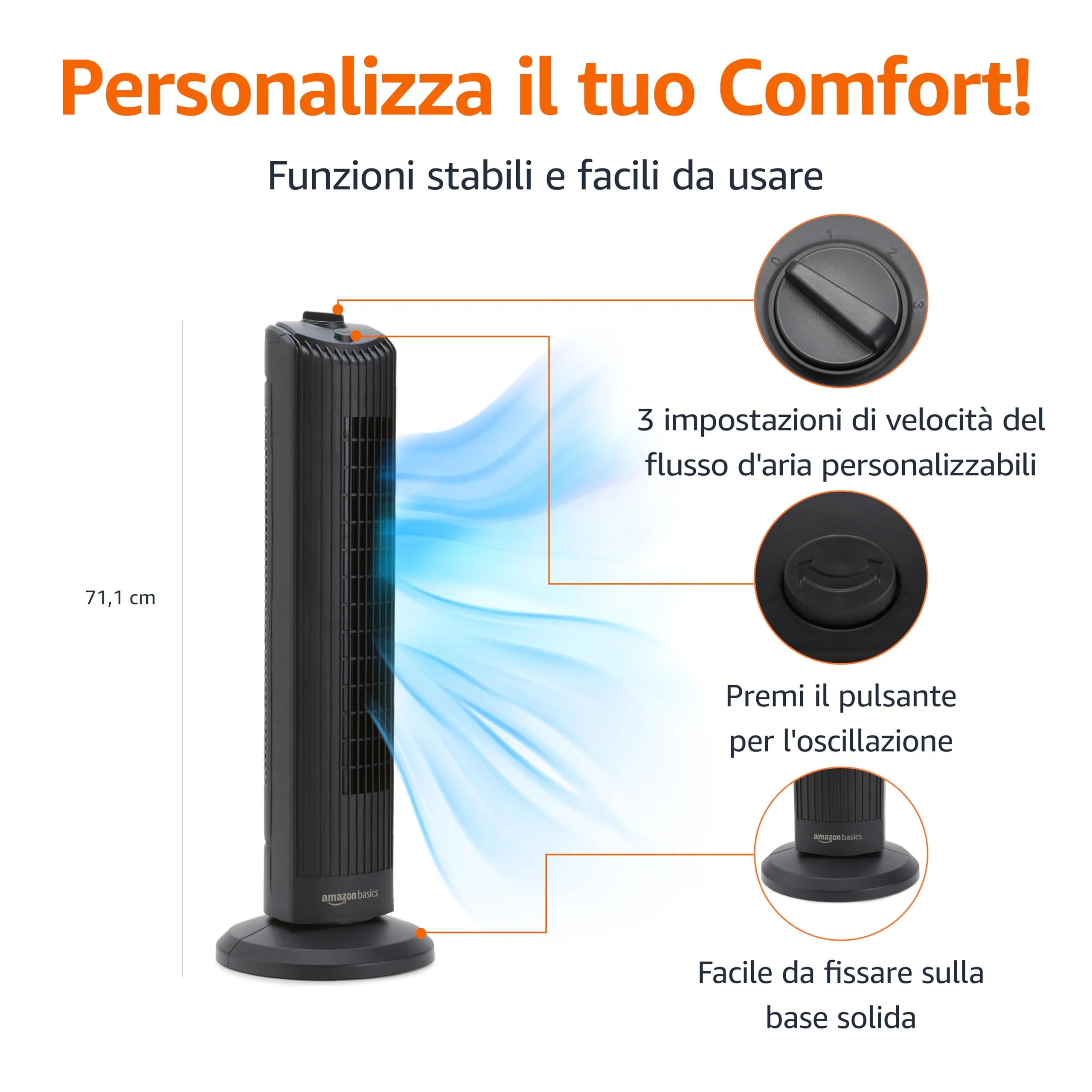 Amazon Basics Ventilatore a Torre Oscillante 71 cm, 3 Velocità, Nero Opaco, 35W - immagine 2