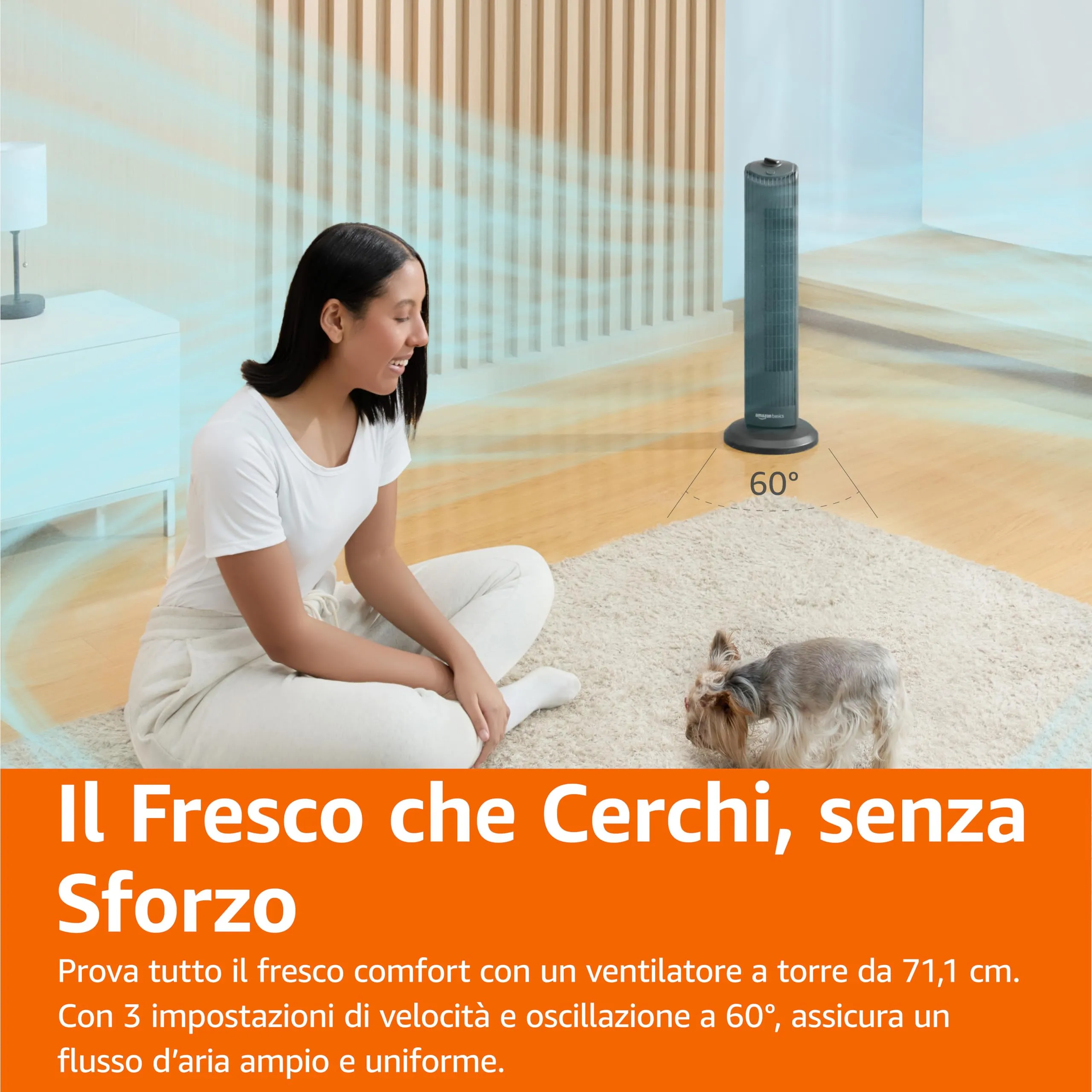 Amazon Basics Ventilatore a Torre Oscillante 71 cm, 3 Velocità, Nero Opaco, 35W - immagine 4