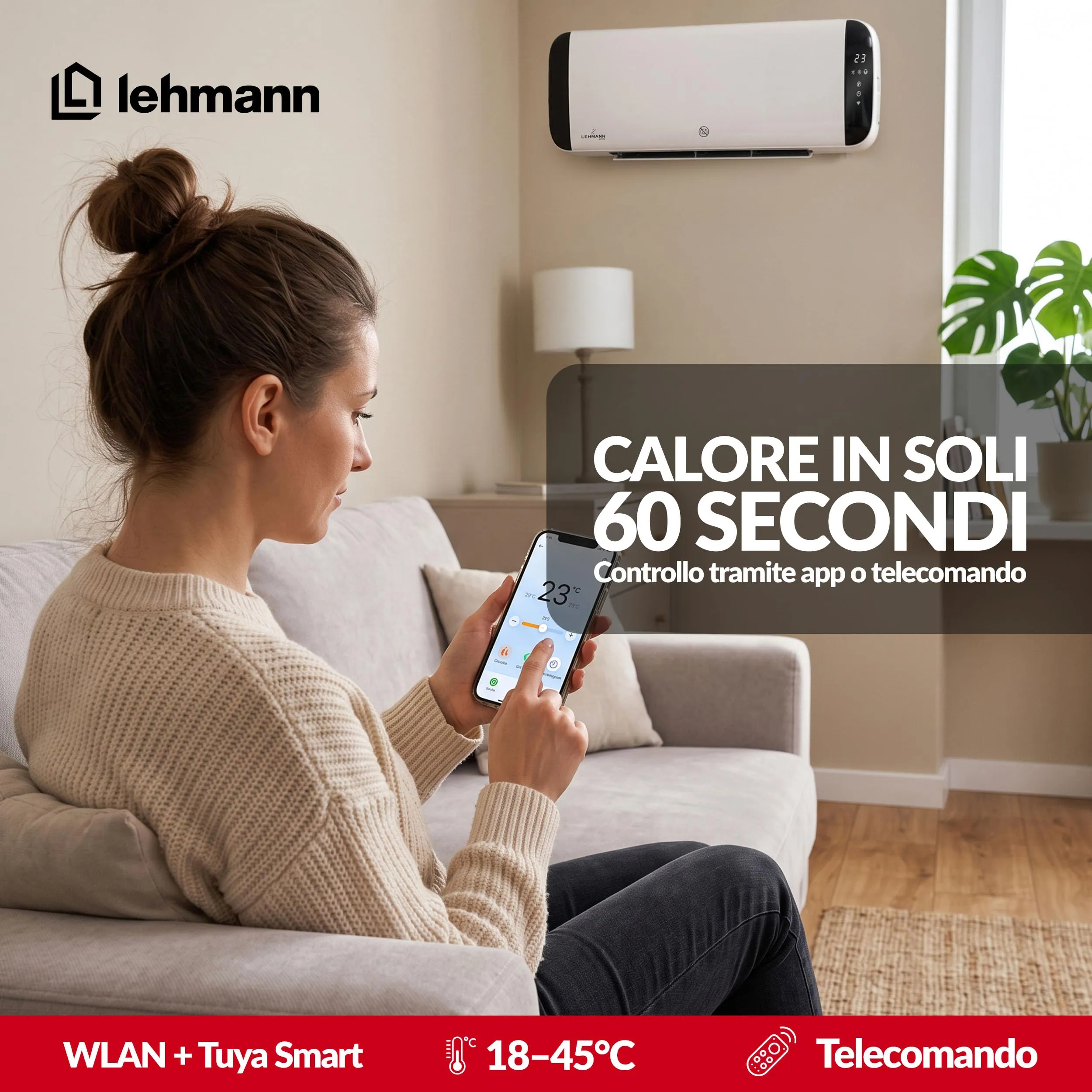 Lehmann Termoventilatore da Parete LHOHH-2013A, 1000/2000 W, Ceramica, Rilevamento Finestra Aperta, Timer, Oscillazione, App e Telecomando, Bianco - immagine 4