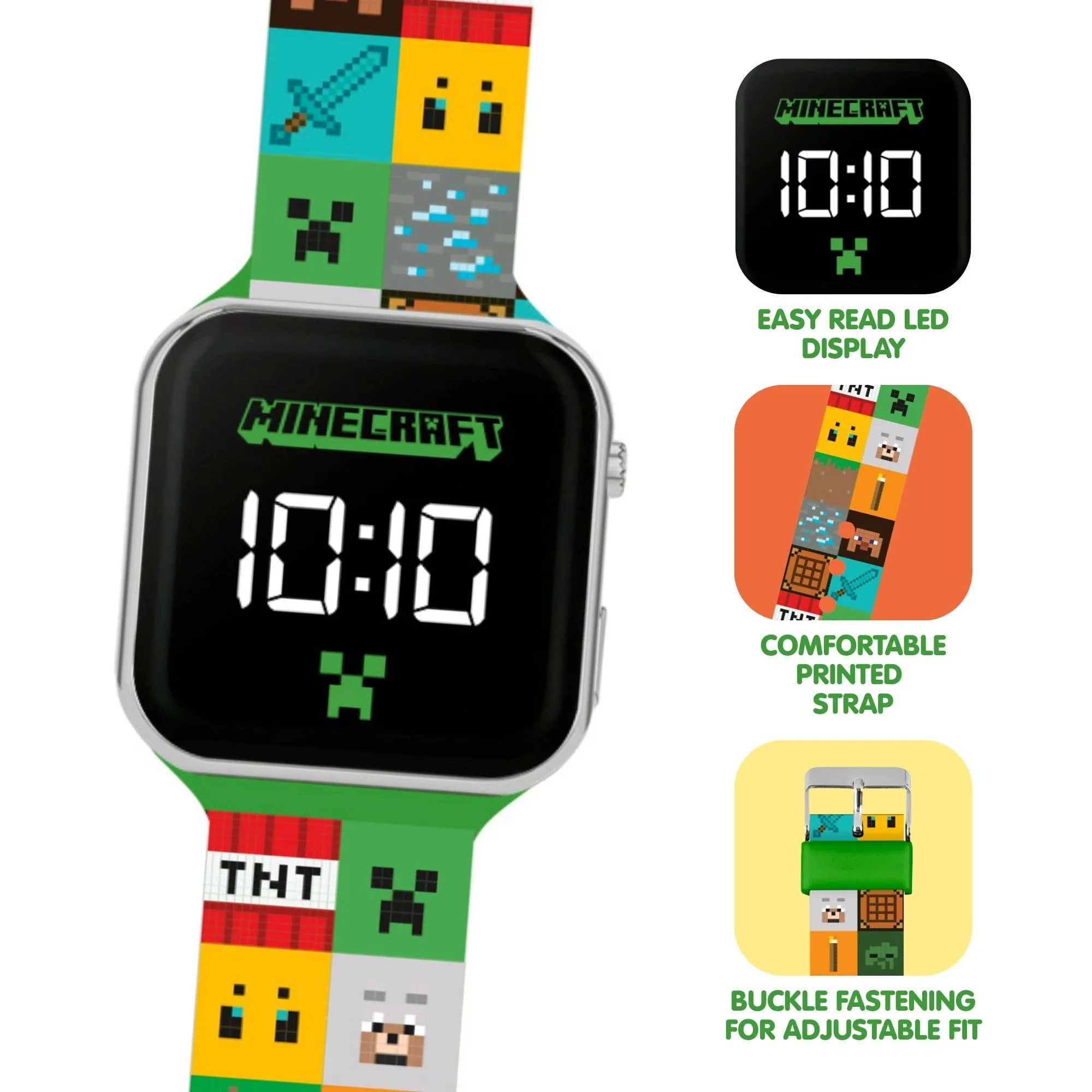 Minecraft Orologio da polso digitale LED per bambini, cinturino in silicone multicolore, MIN4272 - immagine 3