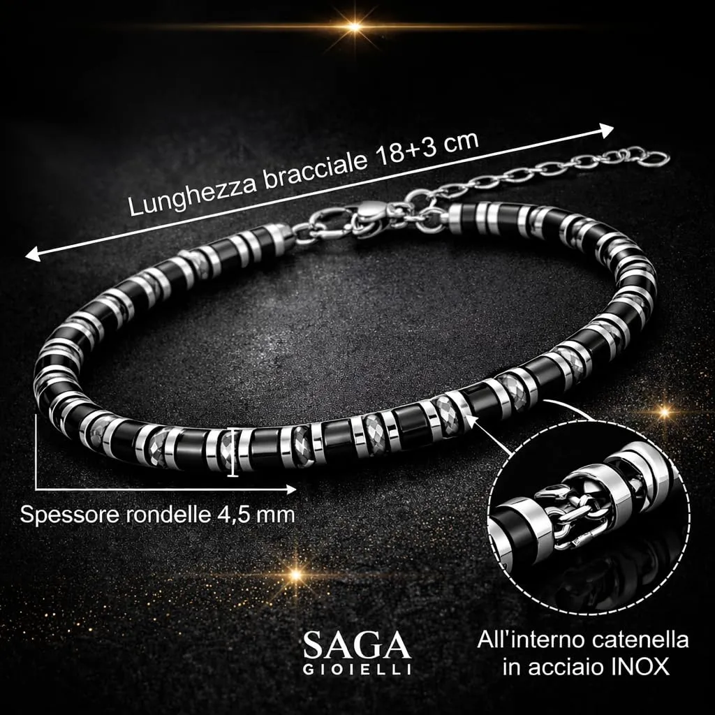 Saga Gioielli Bracciale Uomo Rondelle Pietre Dure Acciaio Onice e Cristalli - immagine 2