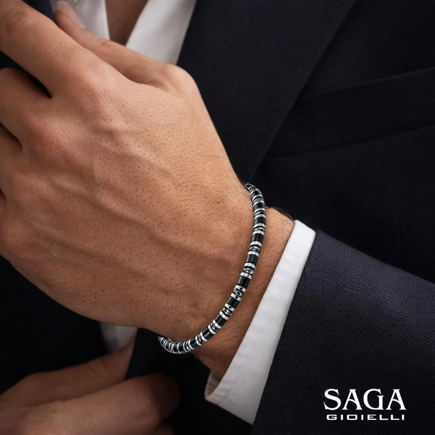 Saga Gioielli Bracciale Uomo Rondelle Pietre Dure Acciaio Onice e Cristalli - immagine 3