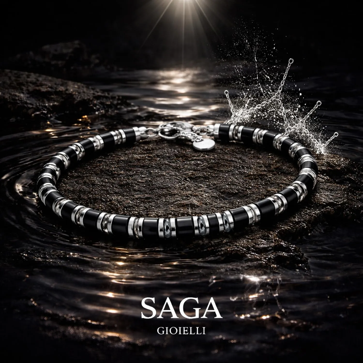 Saga Gioielli Bracciale Uomo Rondelle Pietre Dure Acciaio Onice e Cristalli - immagine 4