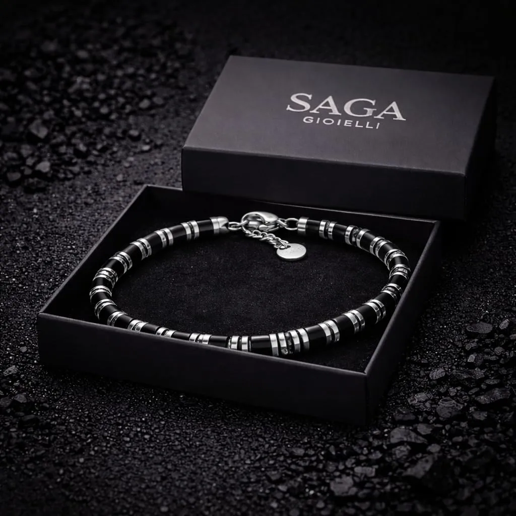 Saga Gioielli Bracciale Uomo Rondelle Pietre Dure Acciaio Onice e Cristalli - immagine 5