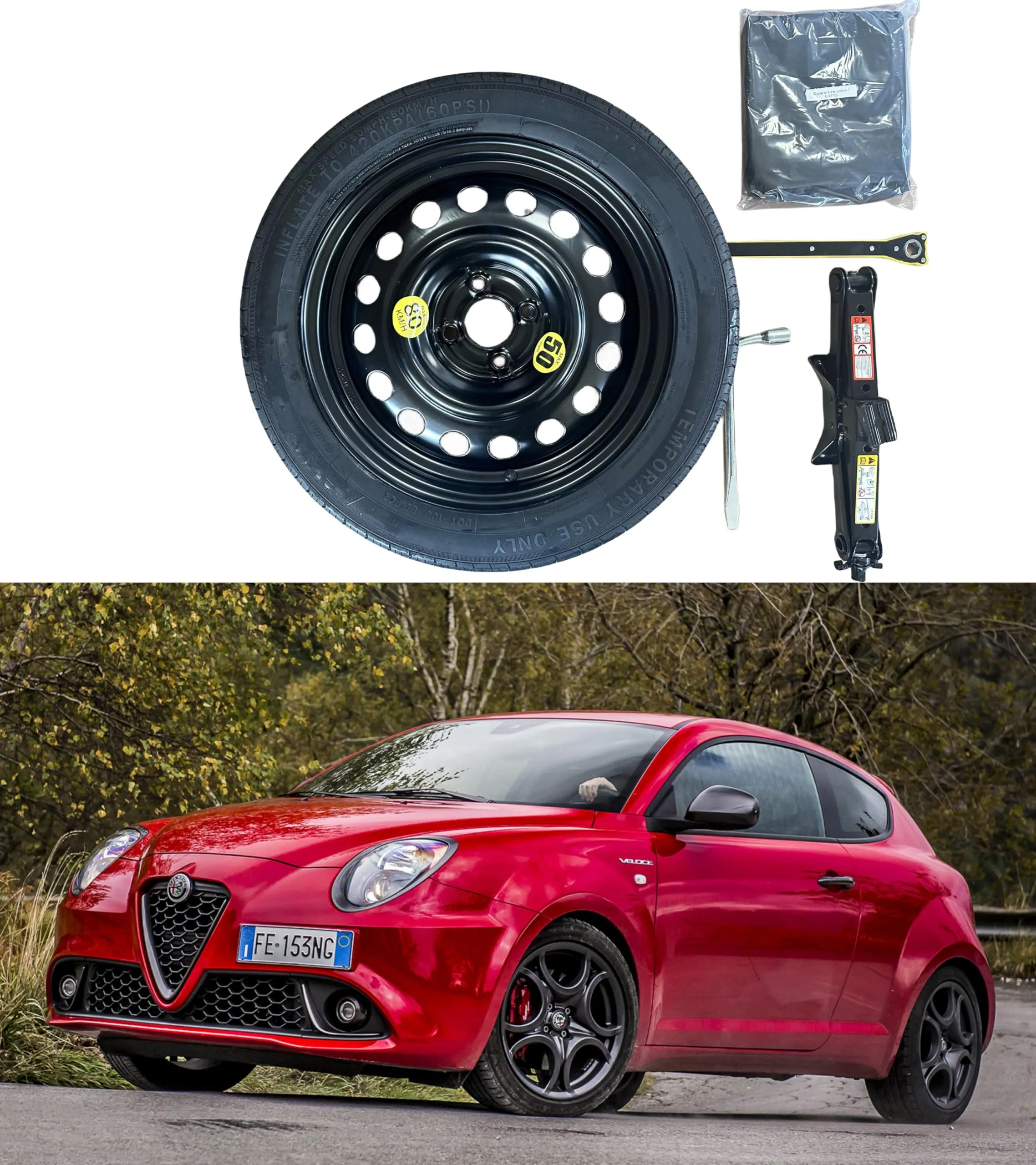 D'ANGELO 1988 Kit Ruotino di Scorta 15" per Alfa Romeo Mito con Cric, Chiave e Sacca - R005D - immagine 1