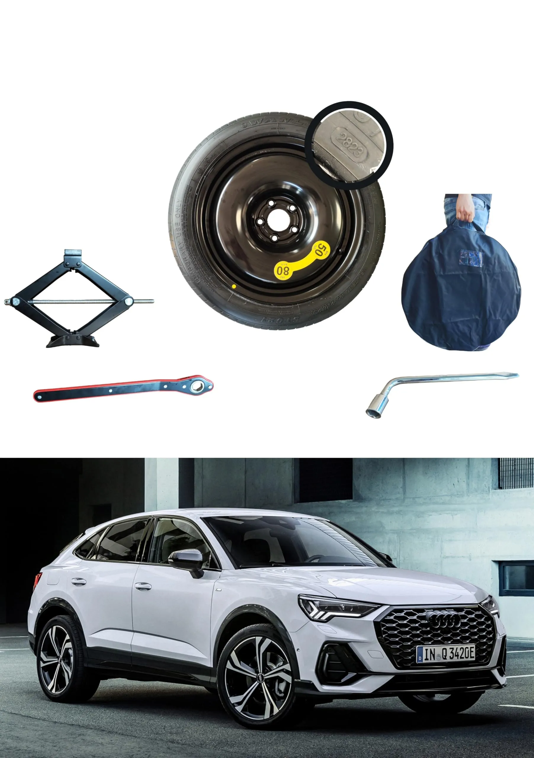 D'ANGELO 1988 Kit Ruotino di Scorta 19" per Audi Q3 con Cric, Chiave e Sacca - immagine 1