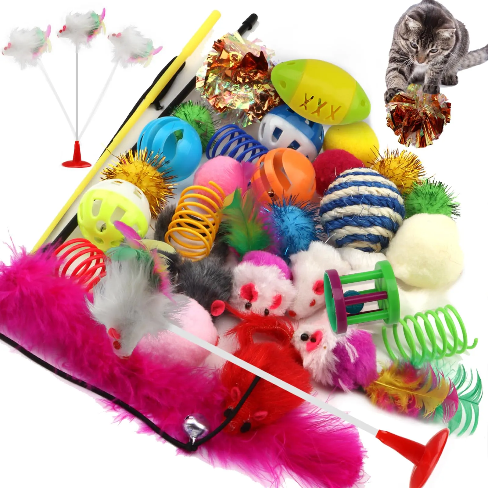 QUOZUO Set 32 Giocattoli per Gatti con Palline, Piume, Topi e Erba Gatta, Multicolore - immagine 1
