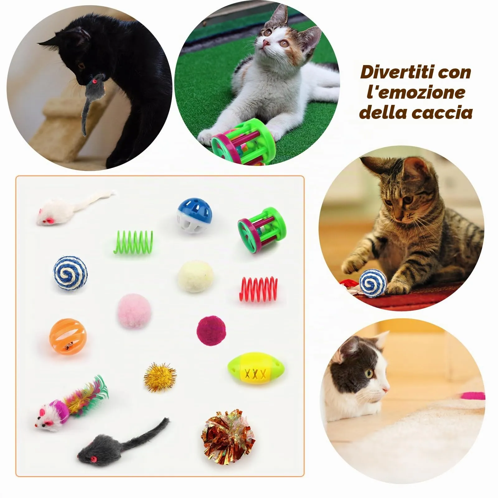 QUOZUO Set 32 Giocattoli per Gatti con Palline, Piume, Topi e Erba Gatta, Multicolore - immagine 3