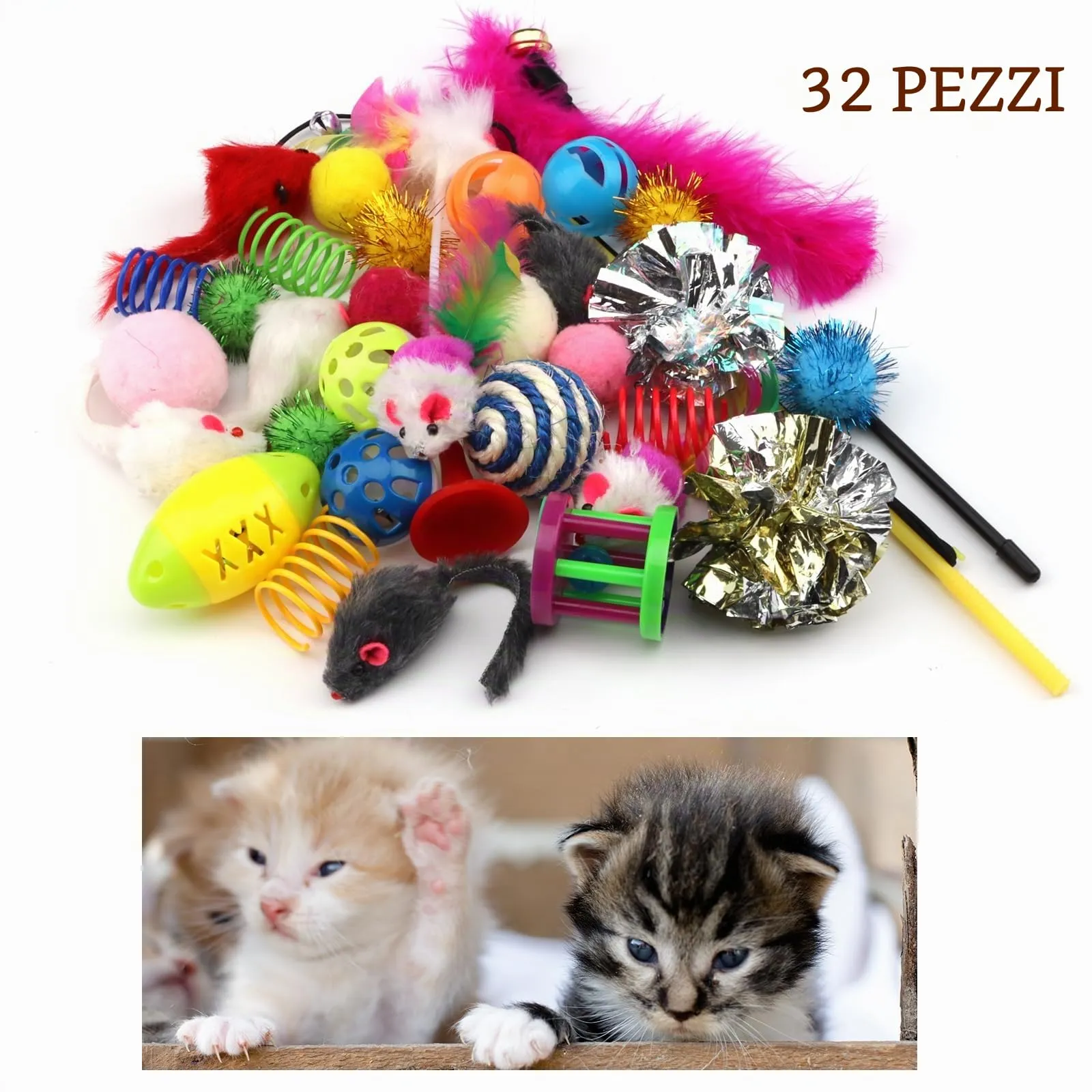 QUOZUO Set 32 Giocattoli per Gatti con Palline, Piume, Topi e Erba Gatta, Multicolore - immagine 6