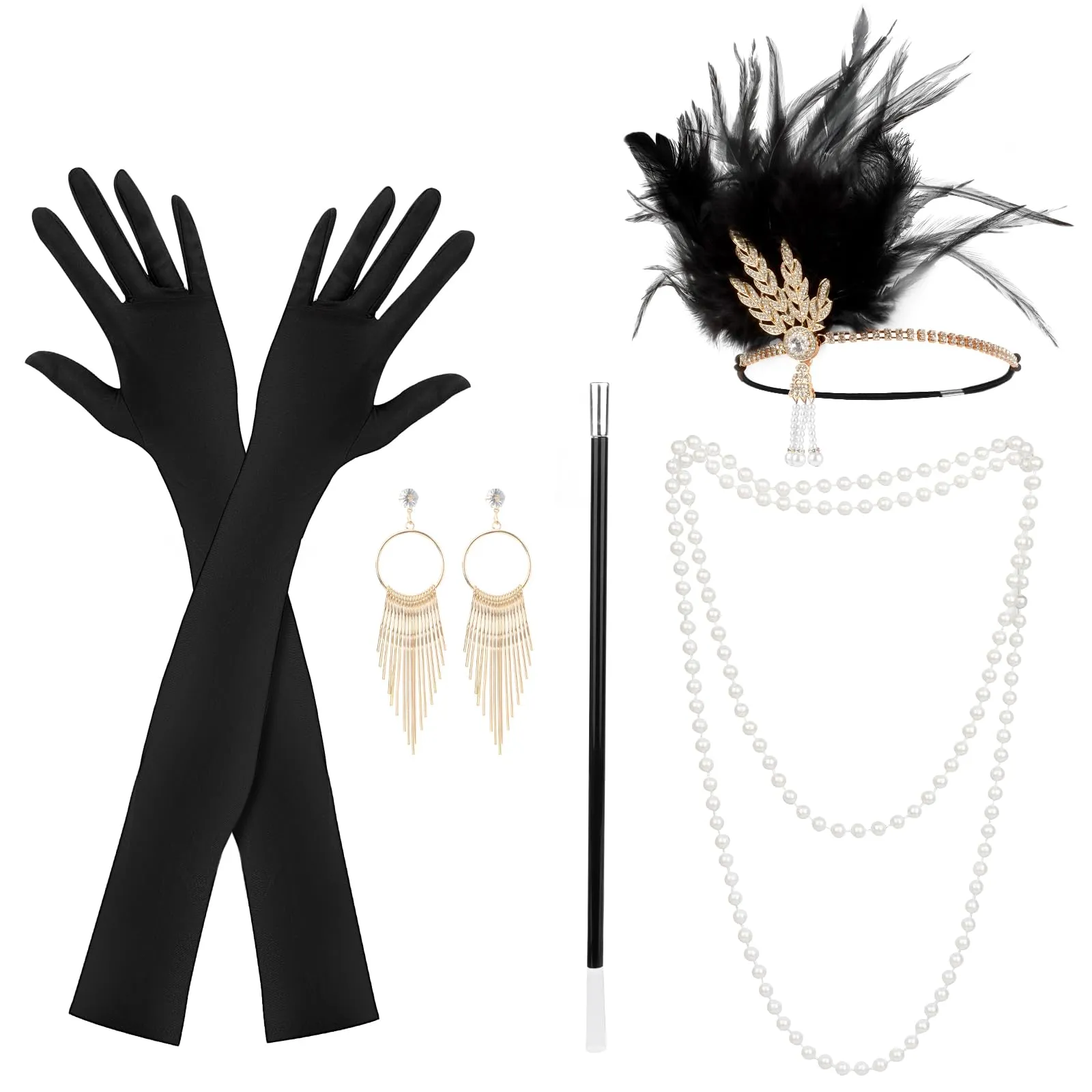 KEWUZY Set Accessori Anni 20 Donna, Kit Costume Great Gatsby con Fascia Flapper, Guanti, Collana di Perle e Orecchini, Nero, Taglia unica - immagine 1