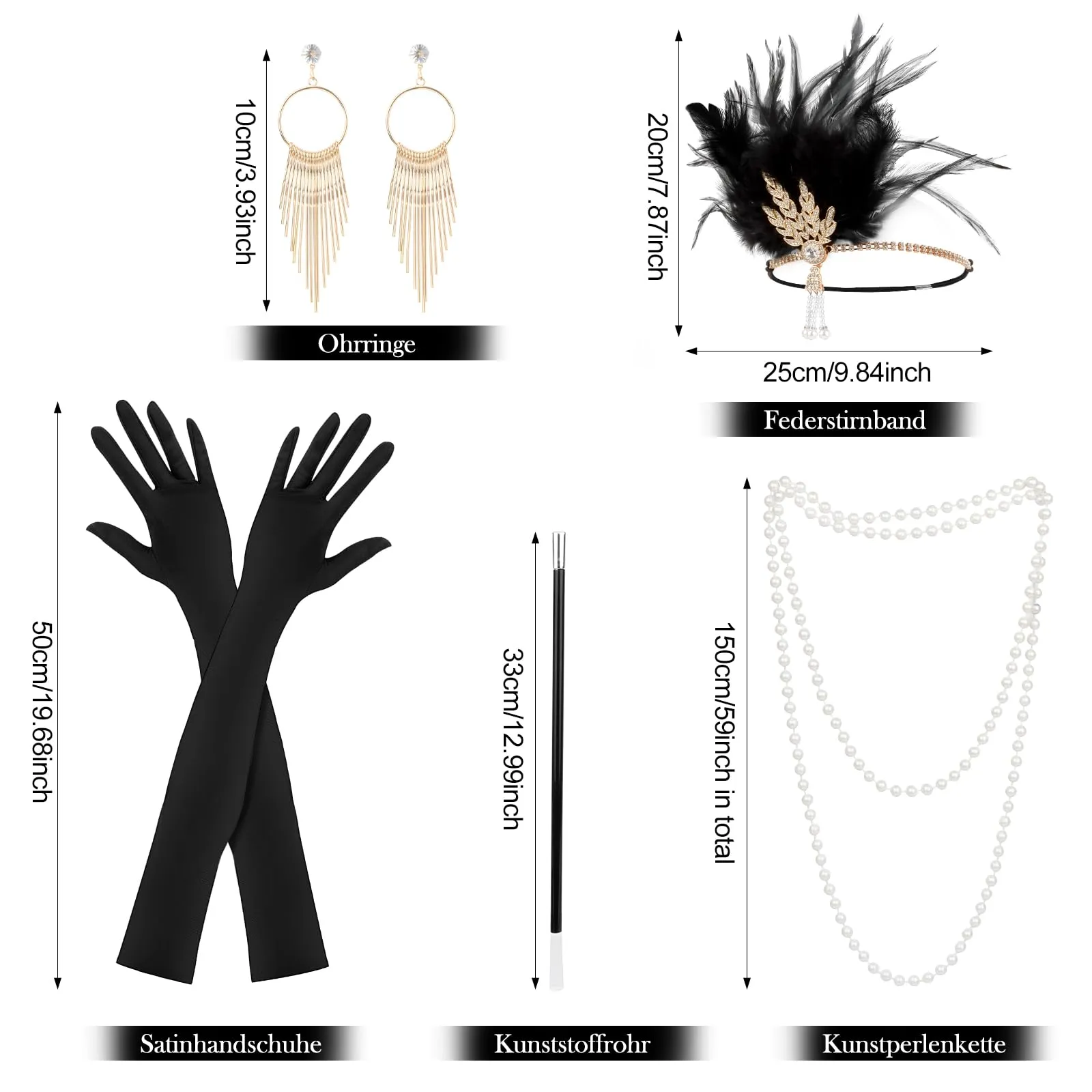 KEWUZY Set Accessori Anni 20 Donna, Kit Costume Great Gatsby con Fascia Flapper, Guanti, Collana di Perle e Orecchini, Nero, Taglia unica - immagine 2