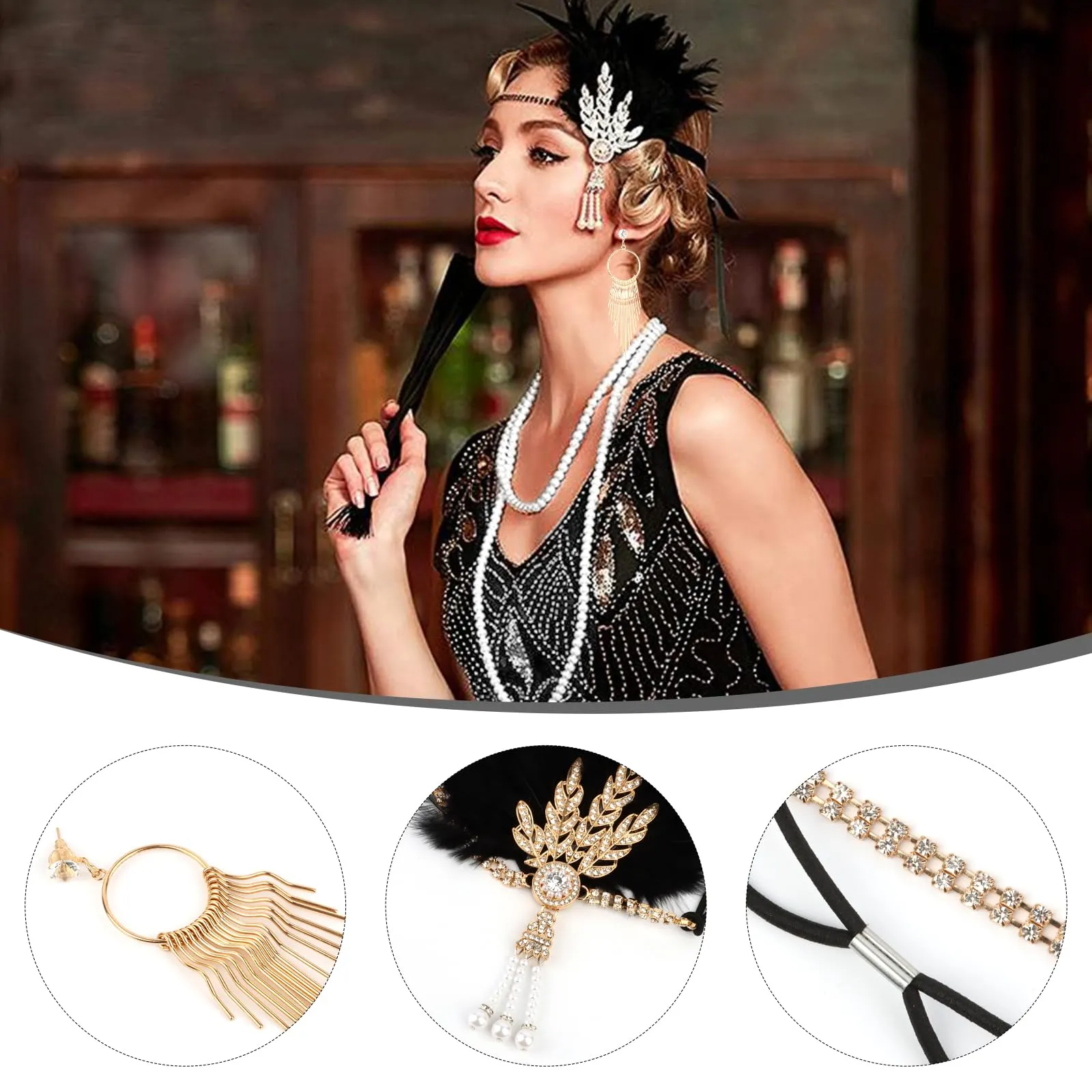 KEWUZY Set Accessori Anni 20 Donna, Kit Costume Great Gatsby con Fascia Flapper, Guanti, Collana di Perle e Orecchini, Nero, Taglia unica - immagine 3