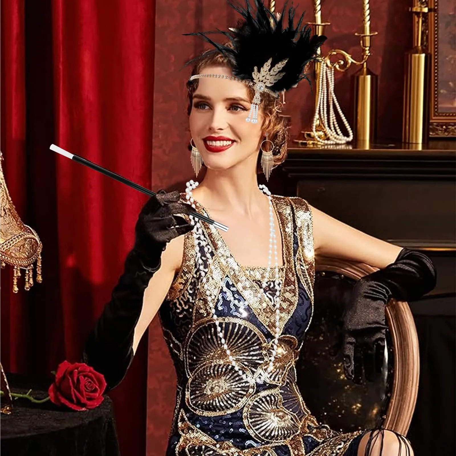 KEWUZY Set Accessori Anni 20 Donna, Kit Costume Great Gatsby con Fascia Flapper, Guanti, Collana di Perle e Orecchini, Nero, Taglia unica - immagine 4