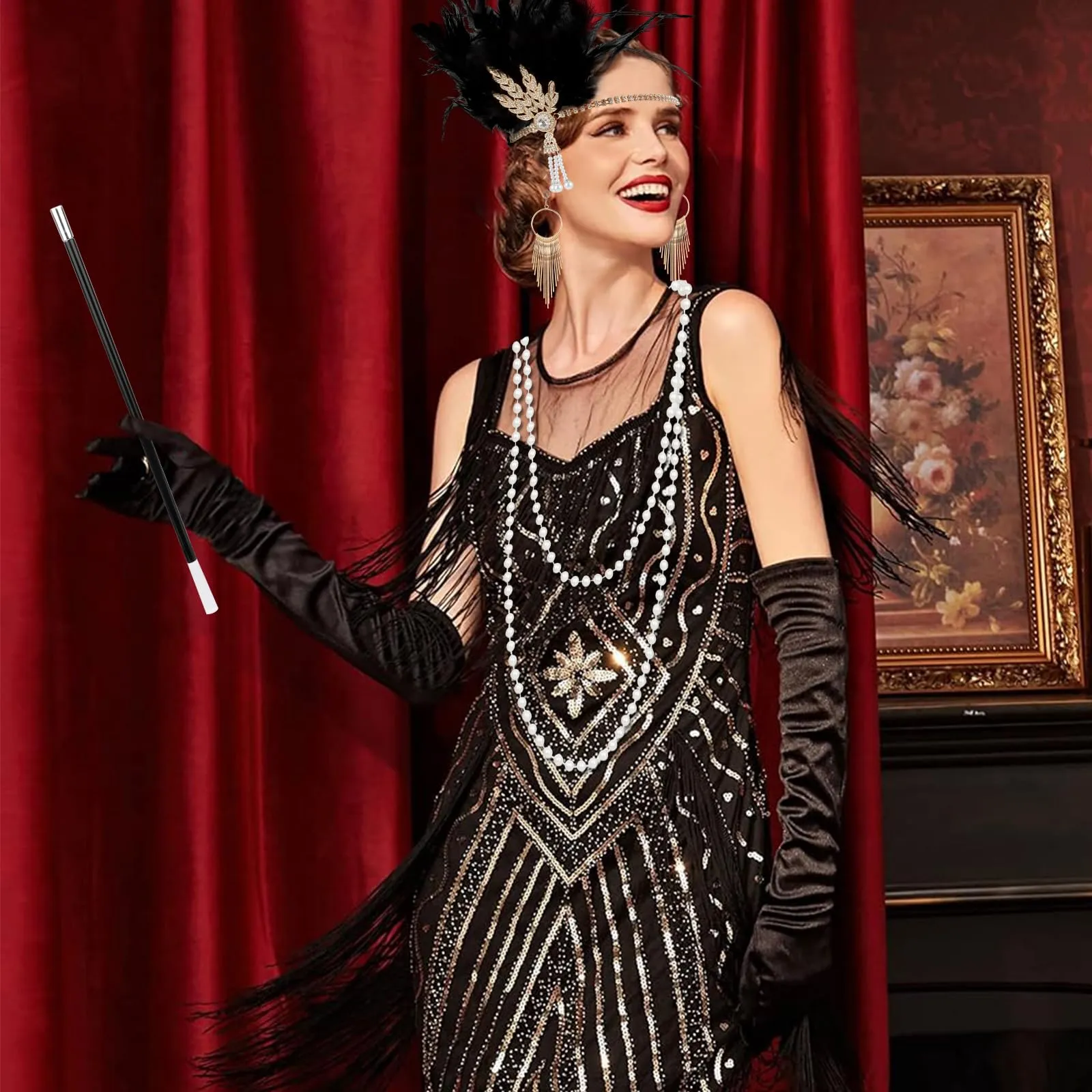 KEWUZY Set Accessori Anni 20 Donna, Kit Costume Great Gatsby con Fascia Flapper, Guanti, Collana di Perle e Orecchini, Nero, Taglia unica - immagine 5
