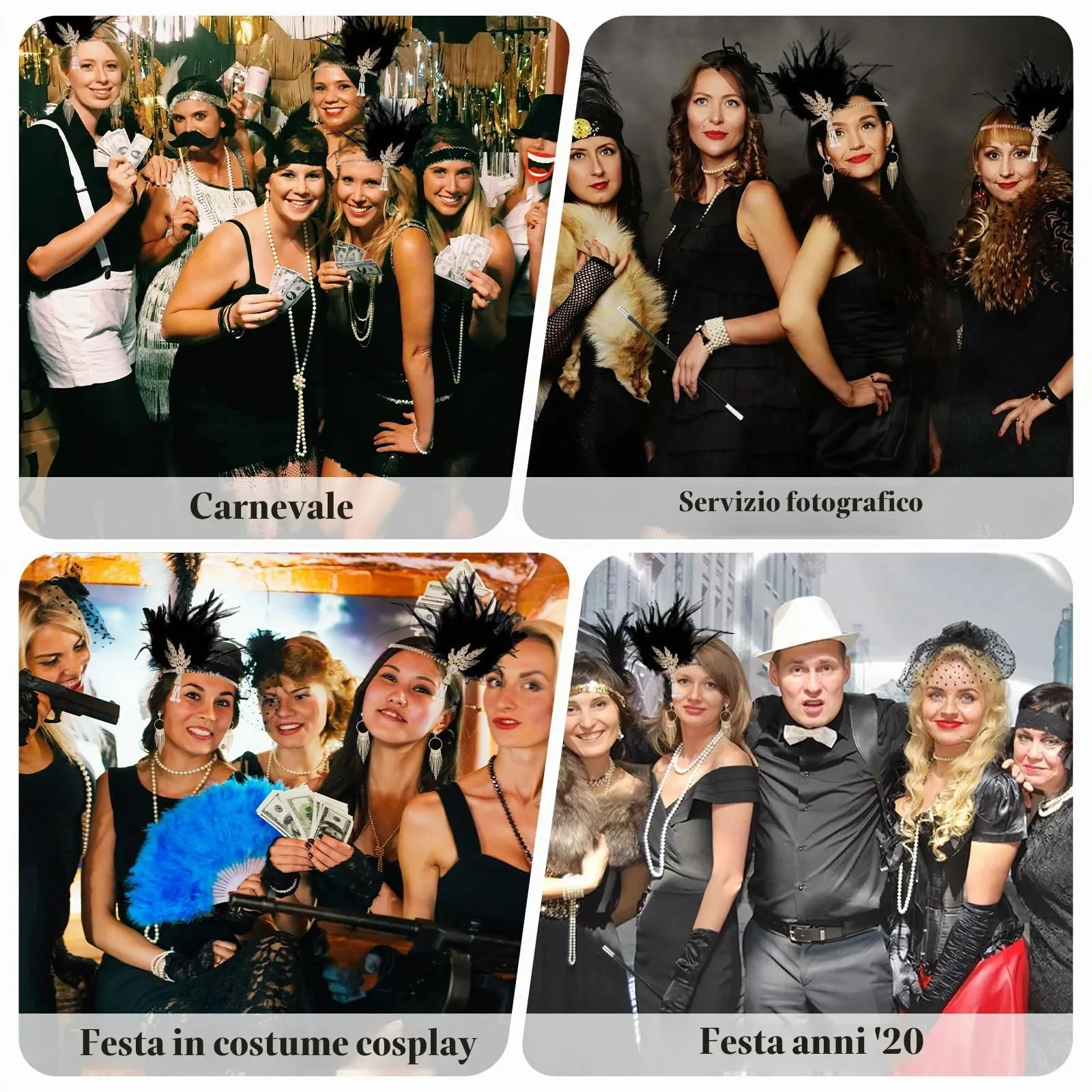 KEWUZY Set Accessori Anni 20 Donna, Kit Costume Great Gatsby con Fascia Flapper, Guanti, Collana di Perle e Orecchini, Nero, Taglia unica - immagine 7