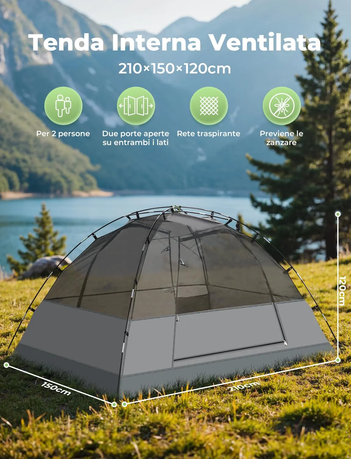 Gysrevi Tenda da Campeggio 2 in 1 CP-2, Doppia Porta, Impermeabile, 2-3 Persone, Grigio - immagine 2
