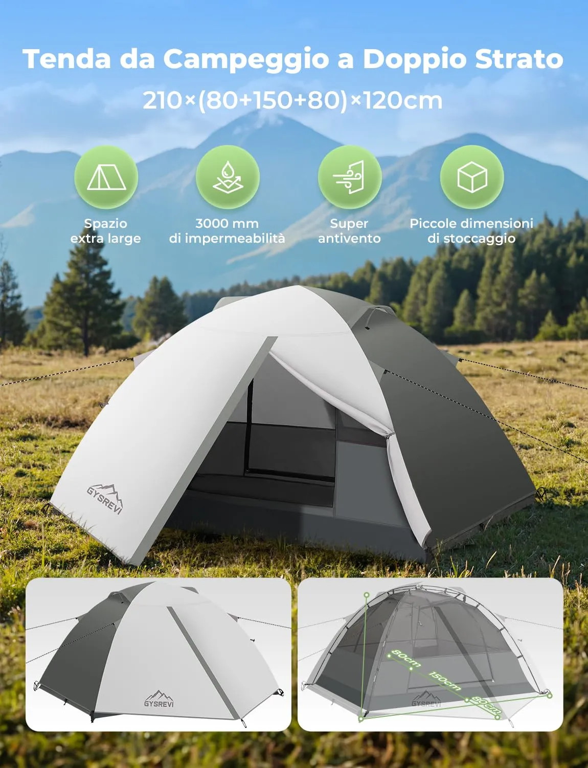 Gysrevi Tenda da Campeggio 2 in 1 CP-2, Doppia Porta, Impermeabile, 2-3 Persone, Grigio - immagine 3