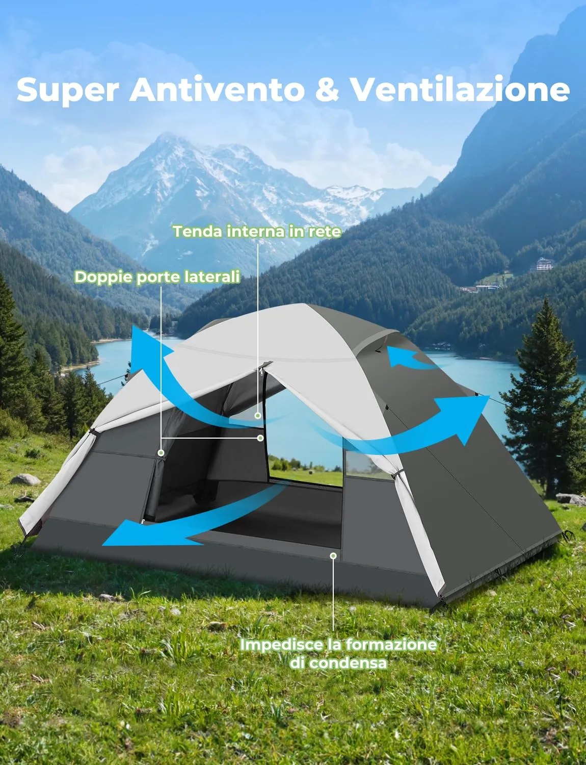 Gysrevi Tenda da Campeggio 2 in 1 CP-2, Doppia Porta, Impermeabile, 2-3 Persone, Grigio - immagine 4