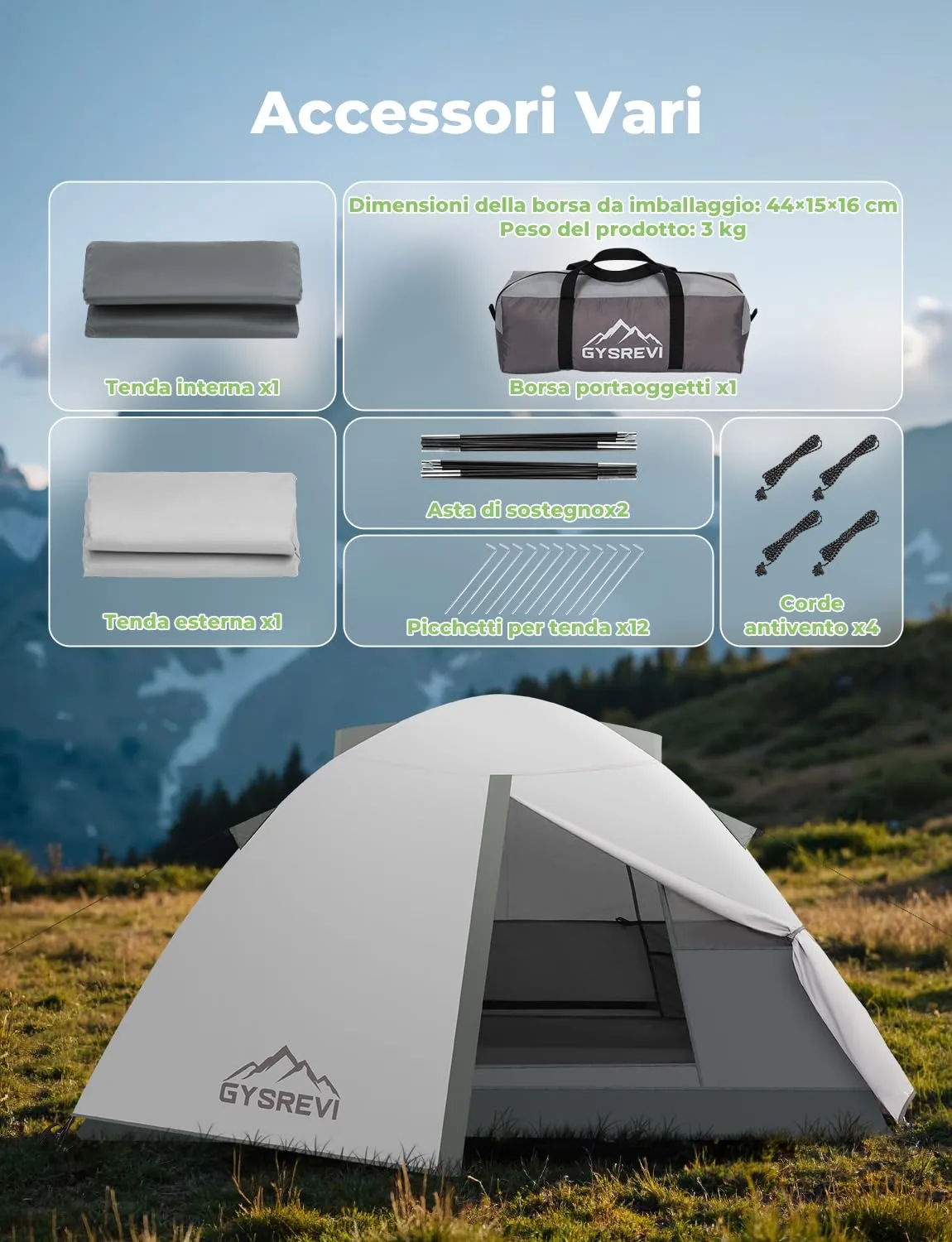 Gysrevi Tenda da Campeggio 2 in 1 CP-2, Doppia Porta, Impermeabile, 2-3 Persone, Grigio - immagine 6