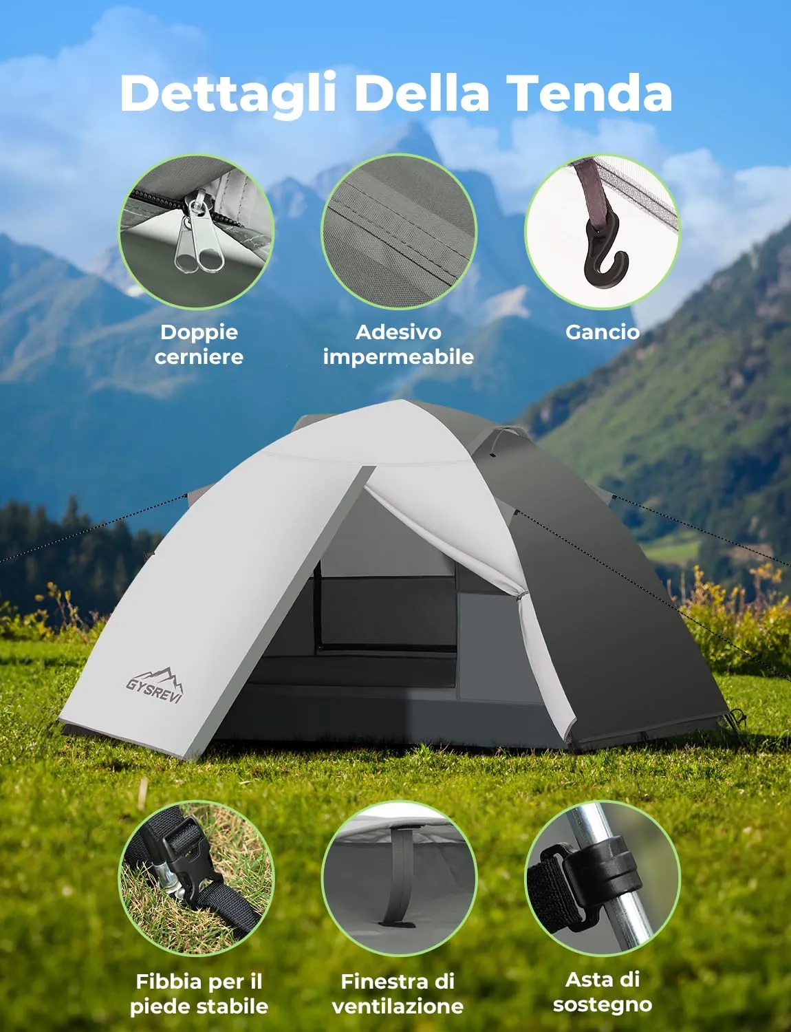 Gysrevi Tenda da Campeggio 2 in 1 CP-2, Doppia Porta, Impermeabile, 2-3 Persone, Grigio - immagine 7
