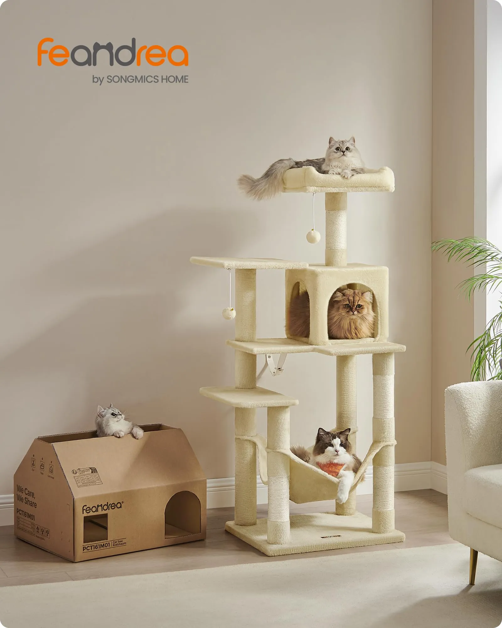 Feandrea Albero per Gatti 143 cm con Tiragraffi, Grotta e Amaca, Beige PCT161M01V1 - immagine 2