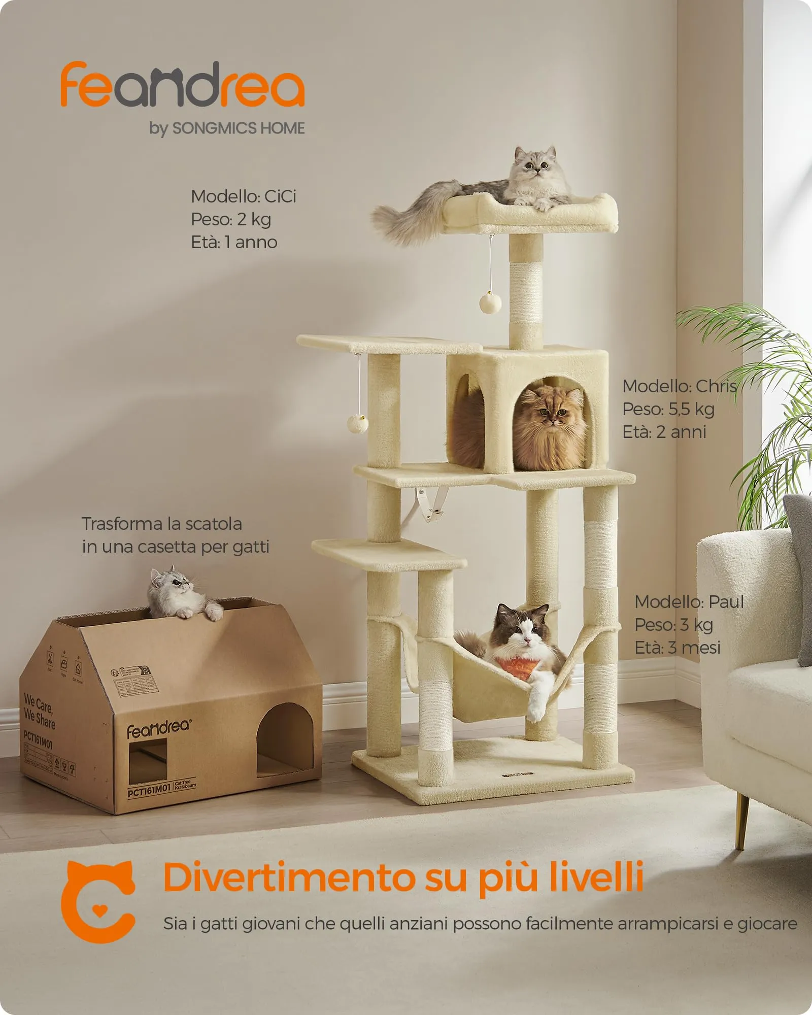 Feandrea Albero per Gatti 143 cm con Tiragraffi, Grotta e Amaca, Beige PCT161M01V1 - immagine 3