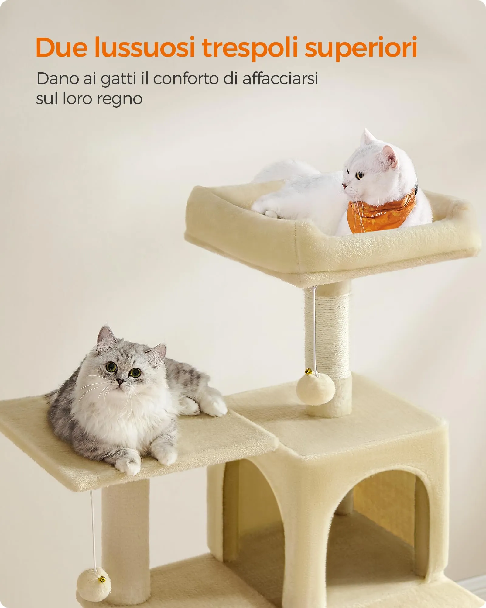 Feandrea Albero per Gatti 143 cm con Tiragraffi, Grotta e Amaca, Beige PCT161M01V1 - immagine 4