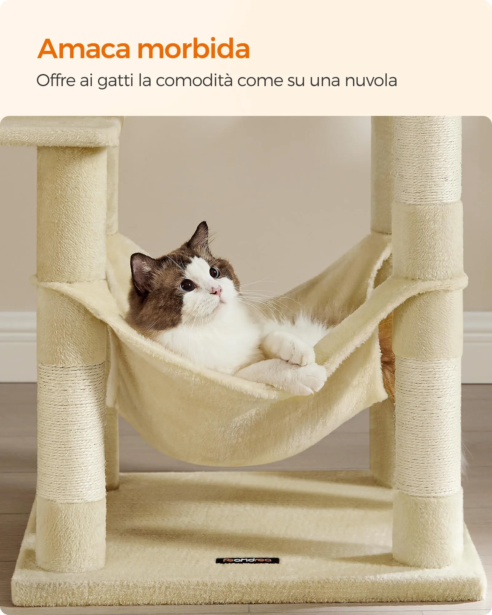 Feandrea Albero per Gatti 143 cm con Tiragraffi, Grotta e Amaca, Beige PCT161M01V1 - immagine 5