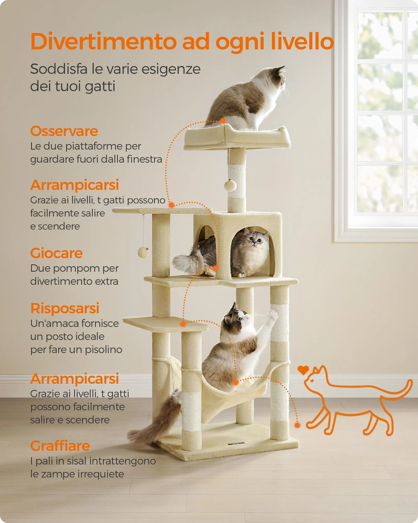 Feandrea Albero per Gatti 143 cm con Tiragraffi, Grotta e Amaca, Beige PCT161M01V1 - immagine 6