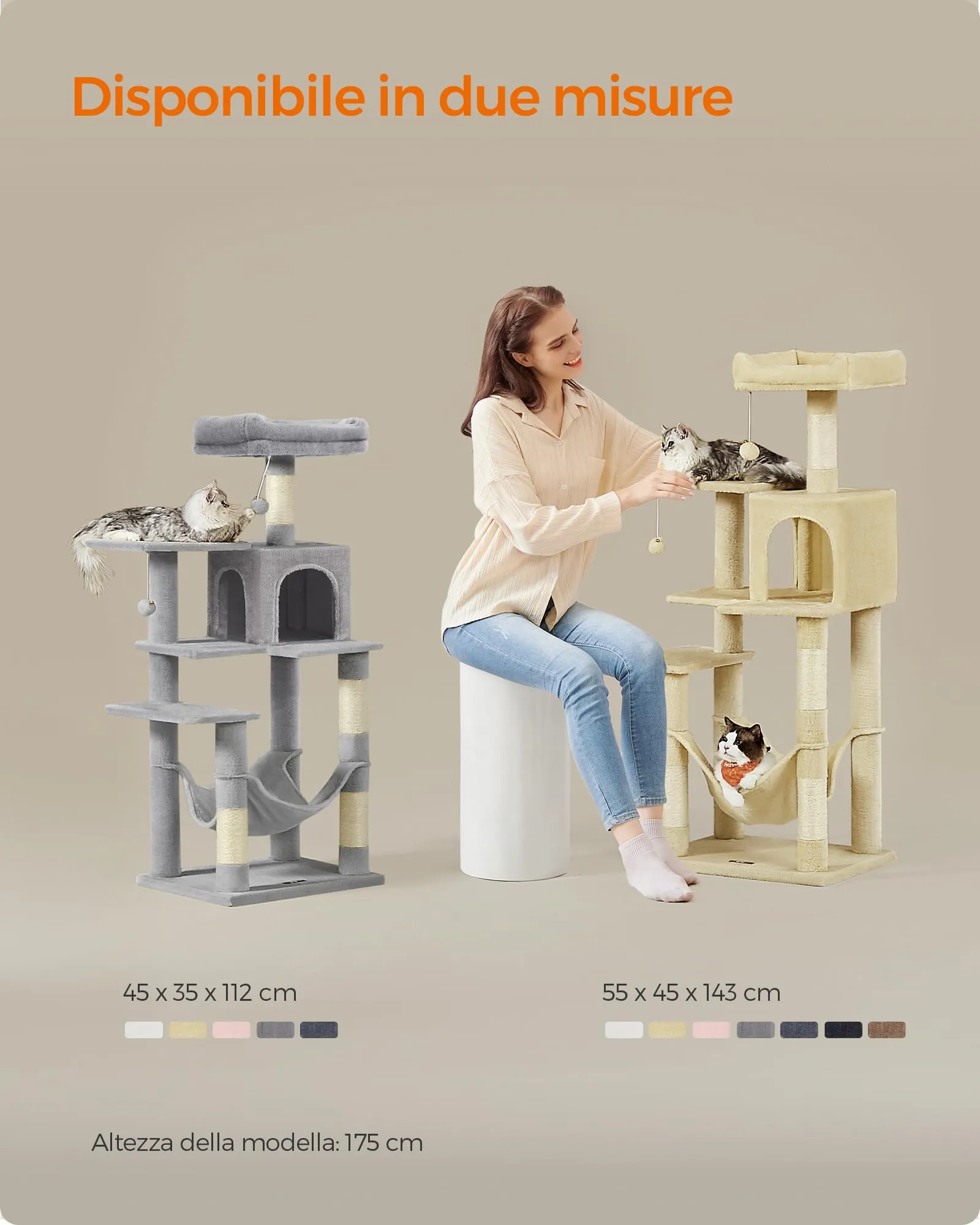 Feandrea Albero per Gatti 143 cm con Tiragraffi, Grotta e Amaca, Beige PCT161M01V1 - immagine 7
