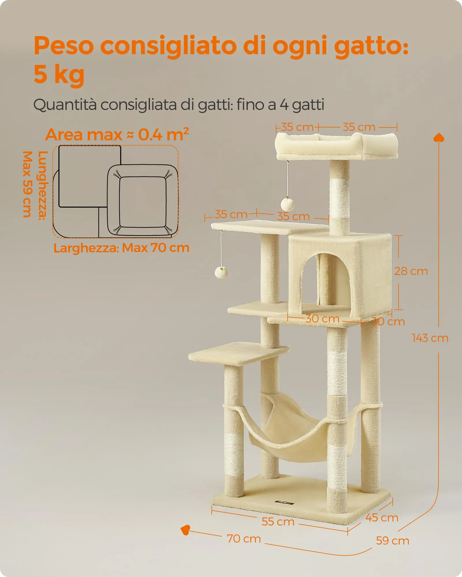 Feandrea Albero per Gatti 143 cm con Tiragraffi, Grotta e Amaca, Beige PCT161M01V1 - immagine 8