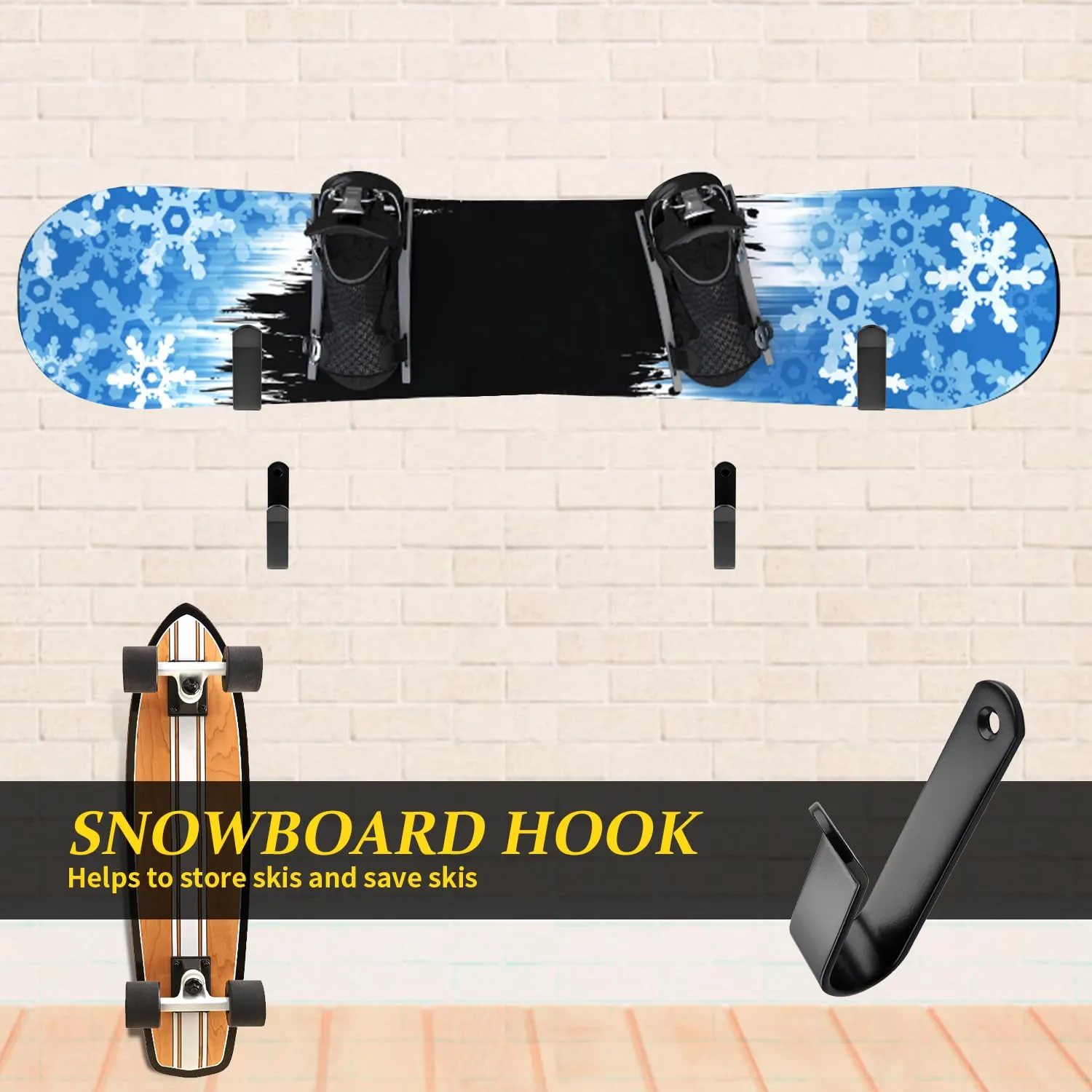 letuxaamz Porta Sci e Snowboard da Muro per Skateboard, Longboard, Wakeboard e Pattini a Rotelle, 2 Paia, Nero - immagine 3