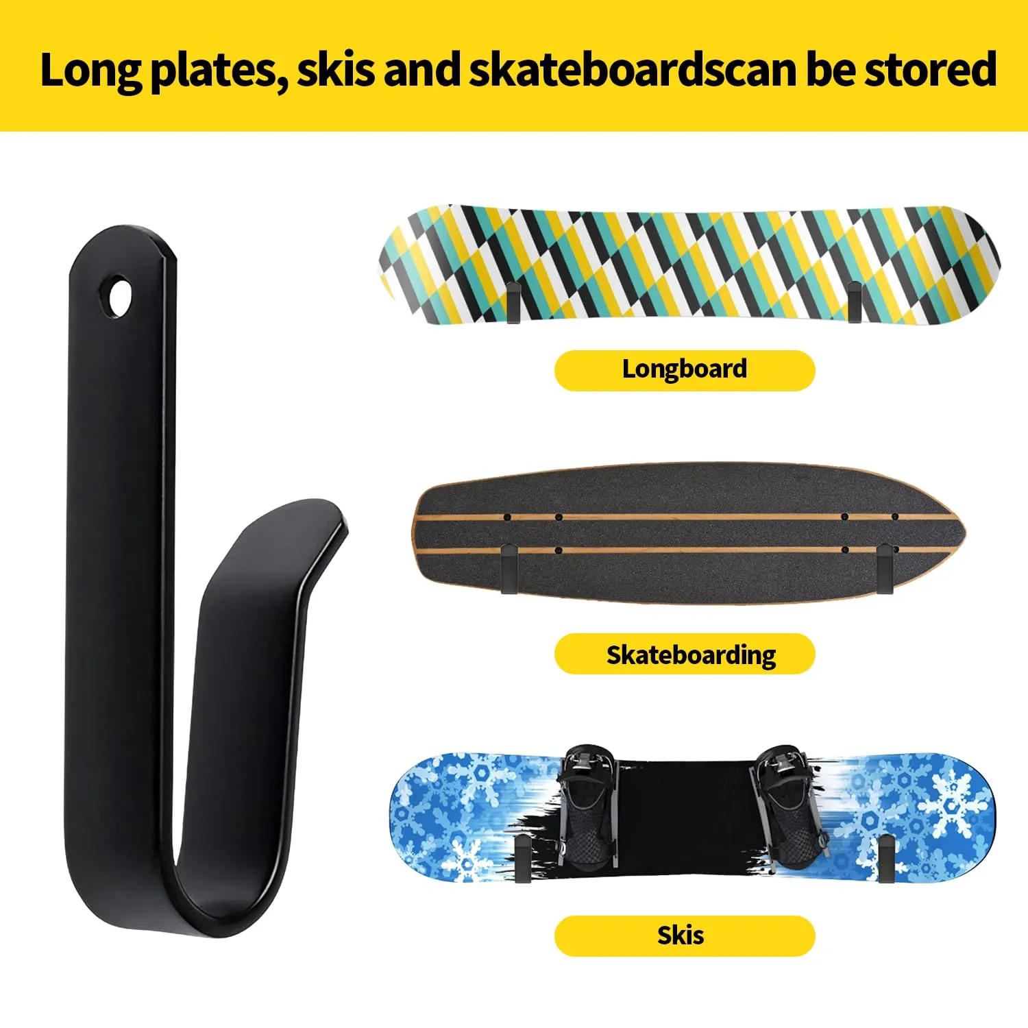 letuxaamz Porta Sci e Snowboard da Muro per Skateboard, Longboard, Wakeboard e Pattini a Rotelle, 2 Paia, Nero - immagine 4