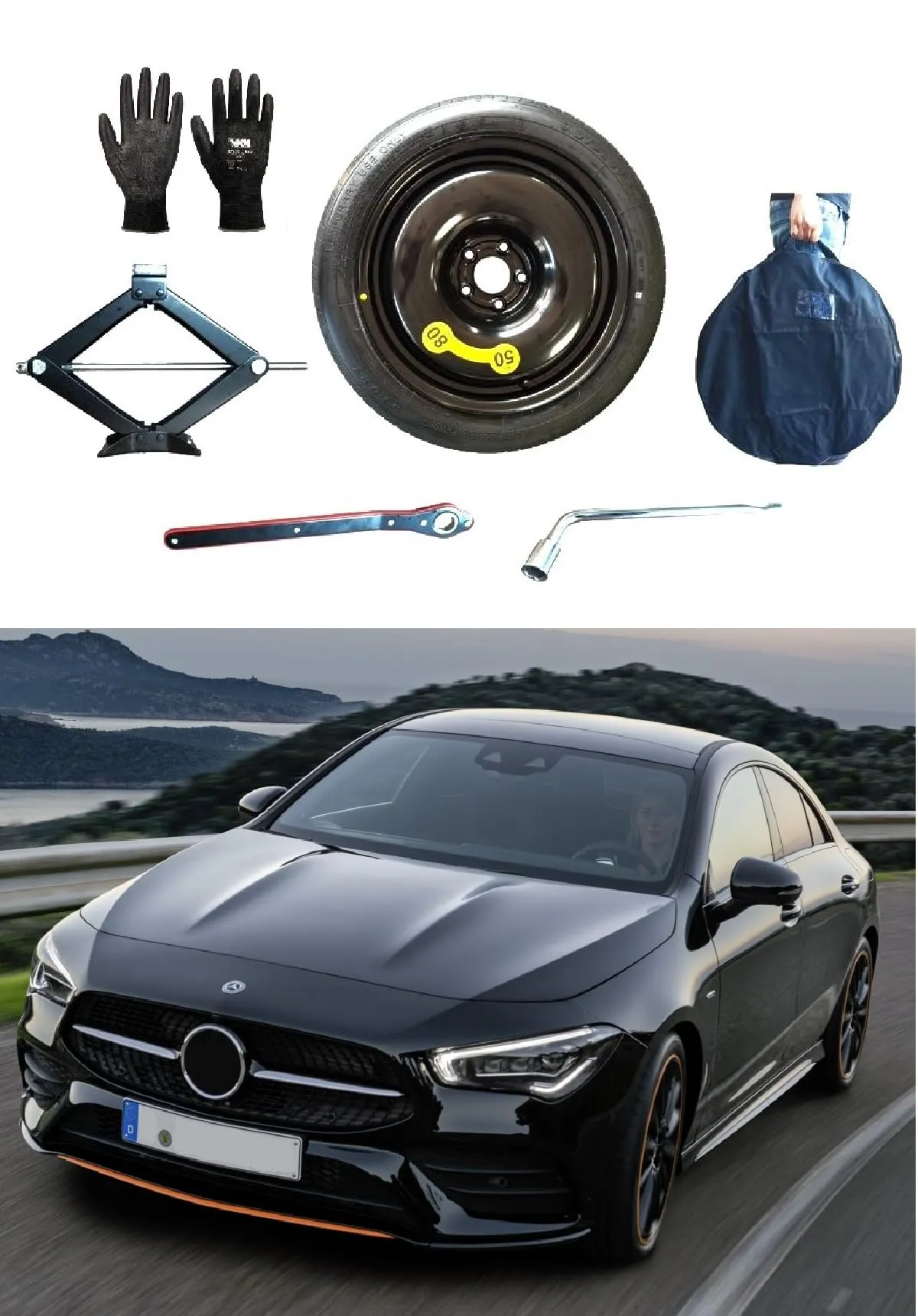D'ANGELO 1988 Kit Ruotino di Scorta 18" per Mercedes CLA Shooting Brake con Cric, Chiave, Guanti e Sacca - R602F - immagine 1