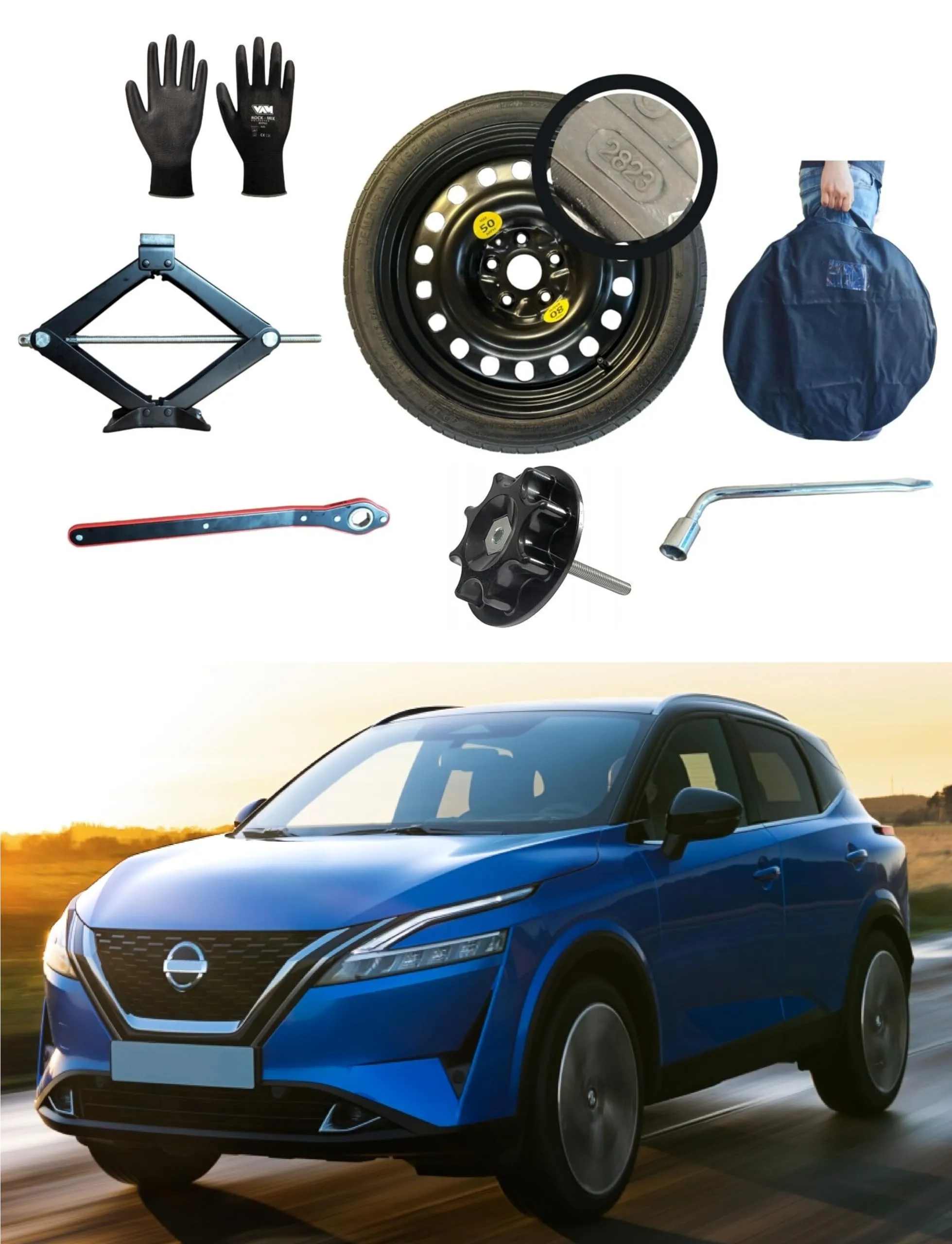 D'ANGELO 1988 Kit Ruotino di Scorta 125/80R17 per Nissan Qashqai (2014>), con Cric, Chiave, Vite, Guanti e Sacca - Grigio Metallizzato - immagine 1