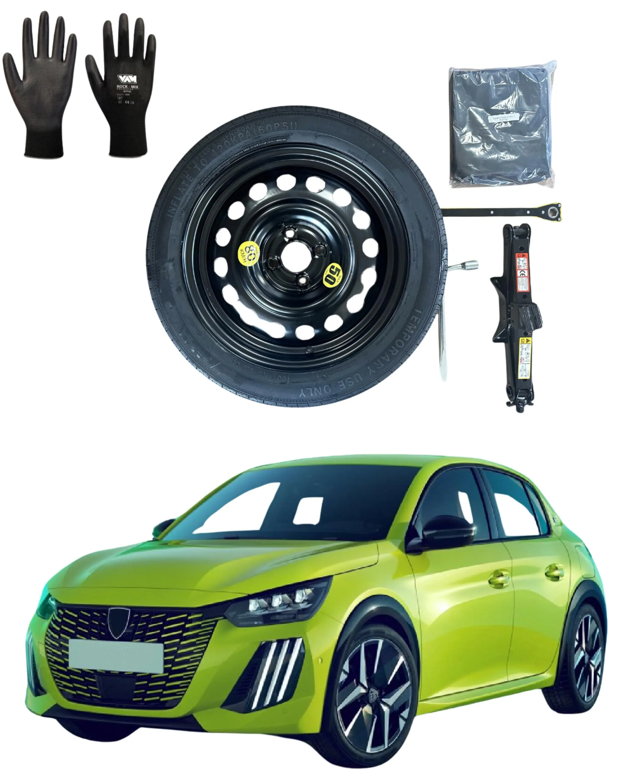 D'ANGELO 1988 Kit Ruotino di Scorta 16" 125/80R16 per Peugeot 208 (2019>) con Cric, Chiave, Guanti e Sacca - immagine 1
